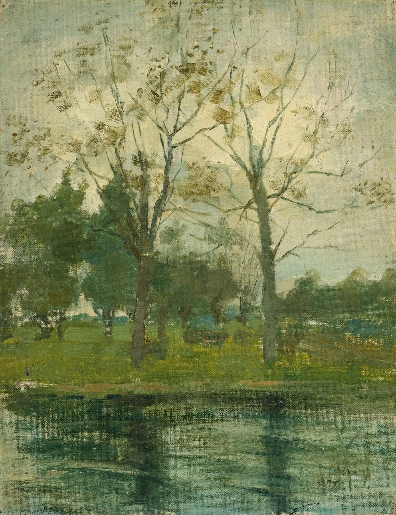 Two Trees Silhouetted Behind A Water Course, by Piet Mondrian, public domain