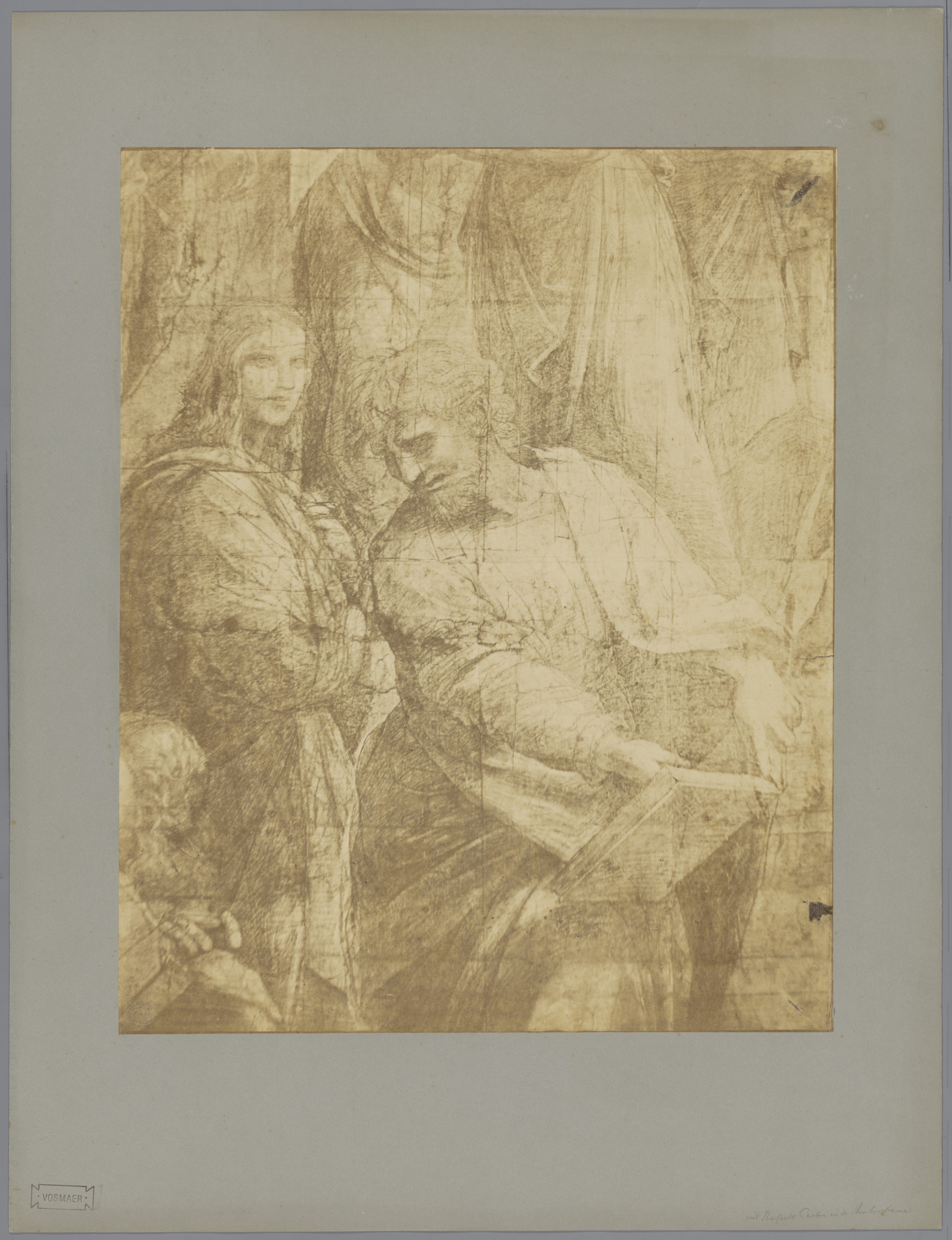 Drawing for De School van Athene by Pompeo Pozzi, featuring scholars in a hall.