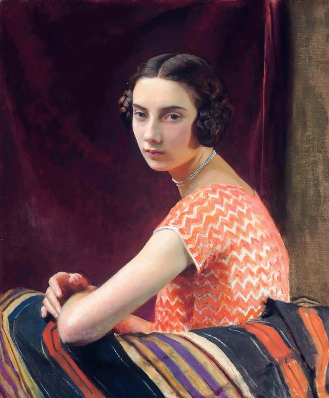 A portrait of a woman in an orange dress by George Spencer Watson.