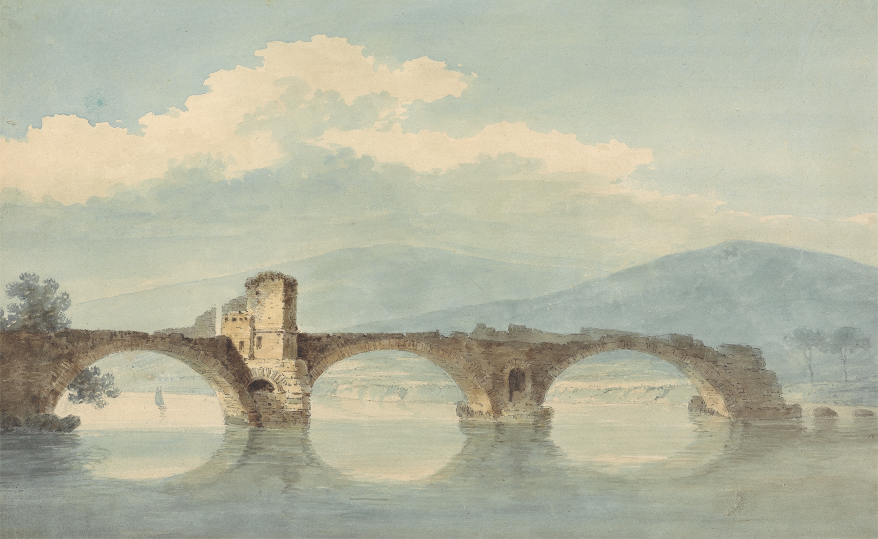 Watercolour by William Alfred Delamotte depicting a bridge over the Arno river