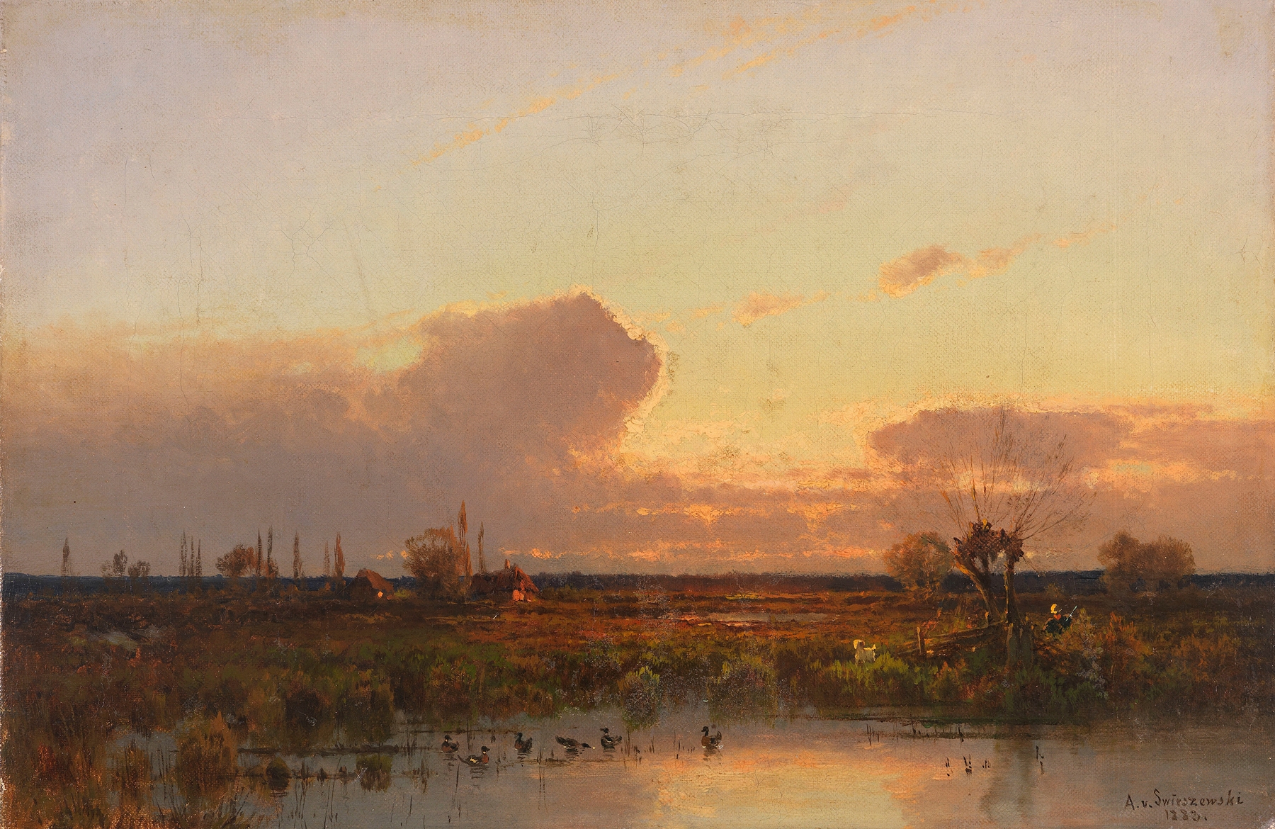 Dachauer Landschaft im Abendrot by Aleksander Swieszewski, oil on canvas depicting a sunset over hills.