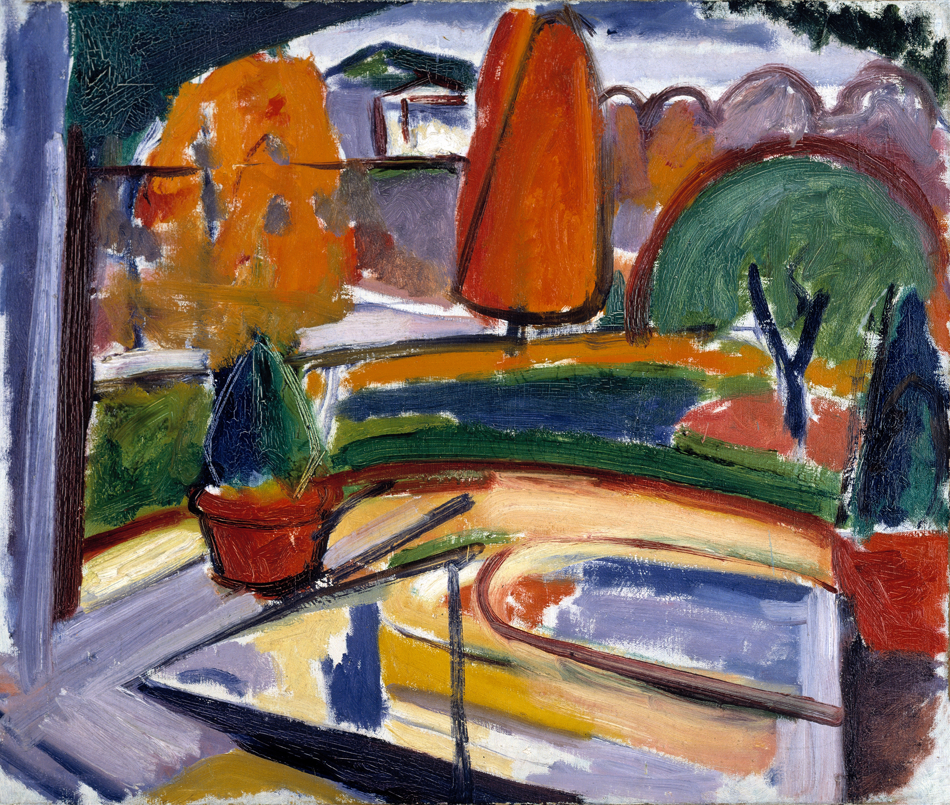 Landscape with Pond–Newman’s Yard by Carl Newman, oil on canvas featuring vibrant colors and reflections.