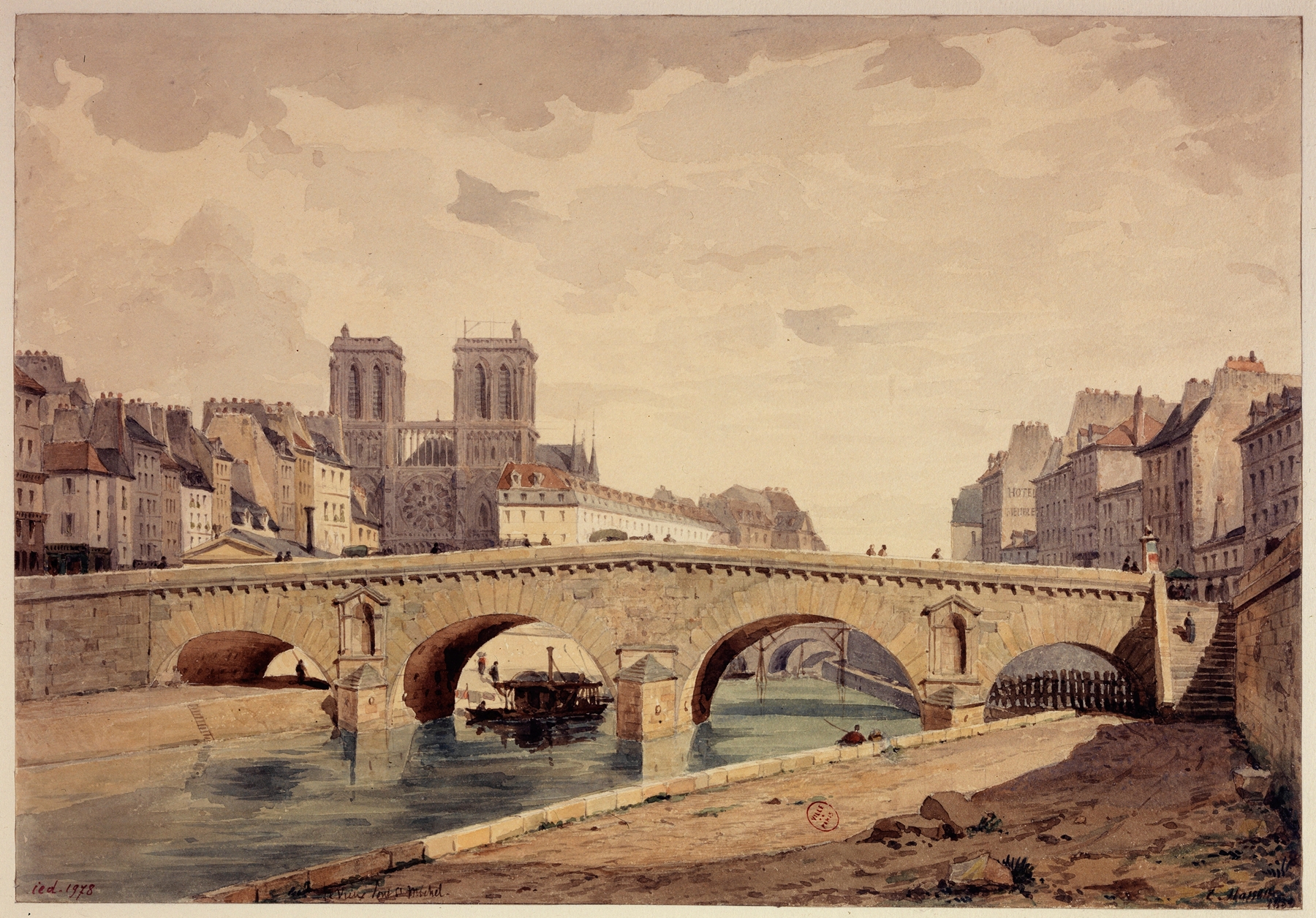 Le vieux pont Saint-Michel en 1850, oil on canvas by Louis-Martial-Théodat Masson, depicting a bridge over a river.
