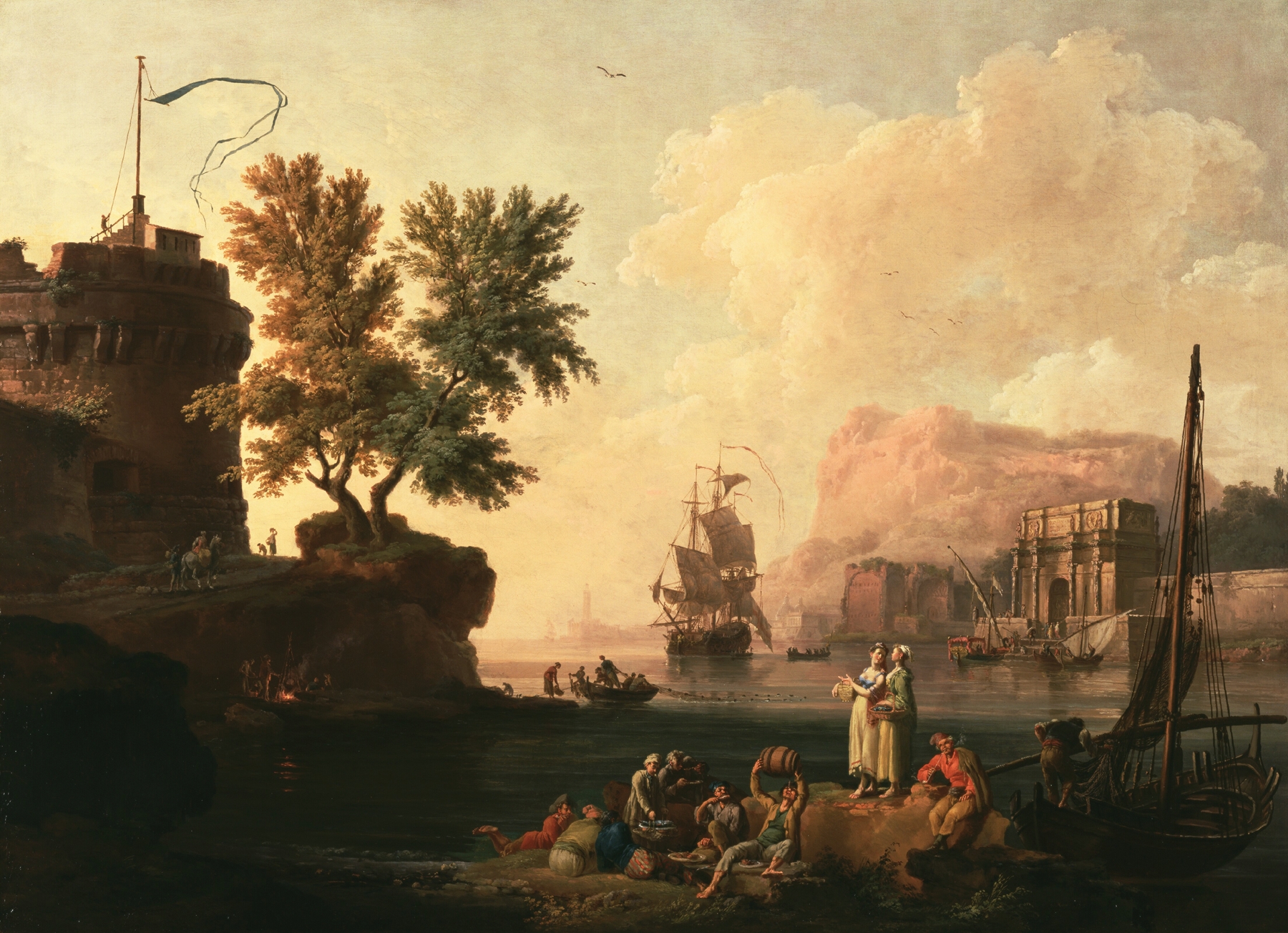 Mediterranean Harbor Scene by Pierre-Jacques Volaire, Rococo oil painting depicting a tranquil harbor.