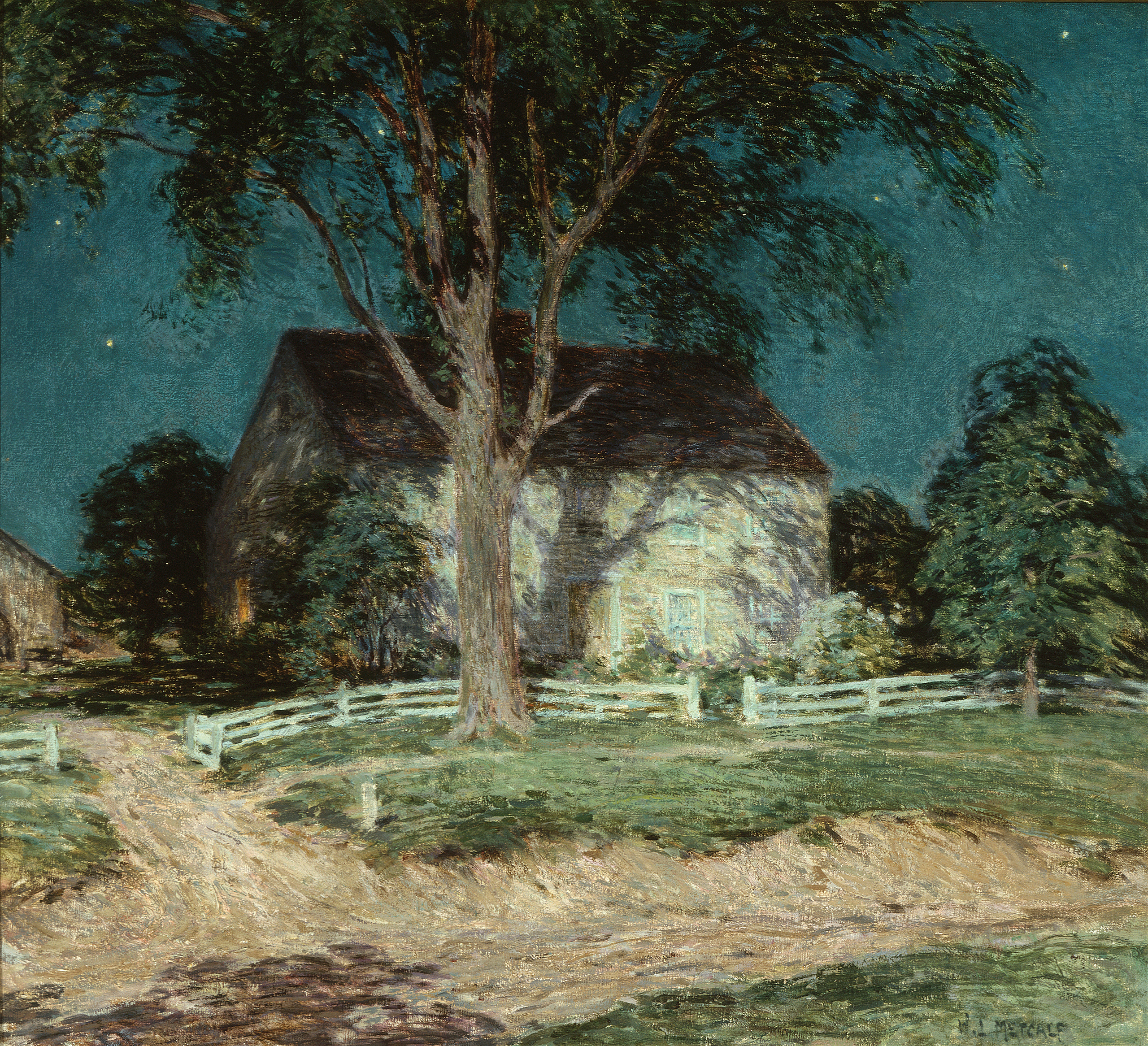 Old Homestead Connecticut by Willard Leroy Metcalf, oil on canvas depicting a rustic house and trees.