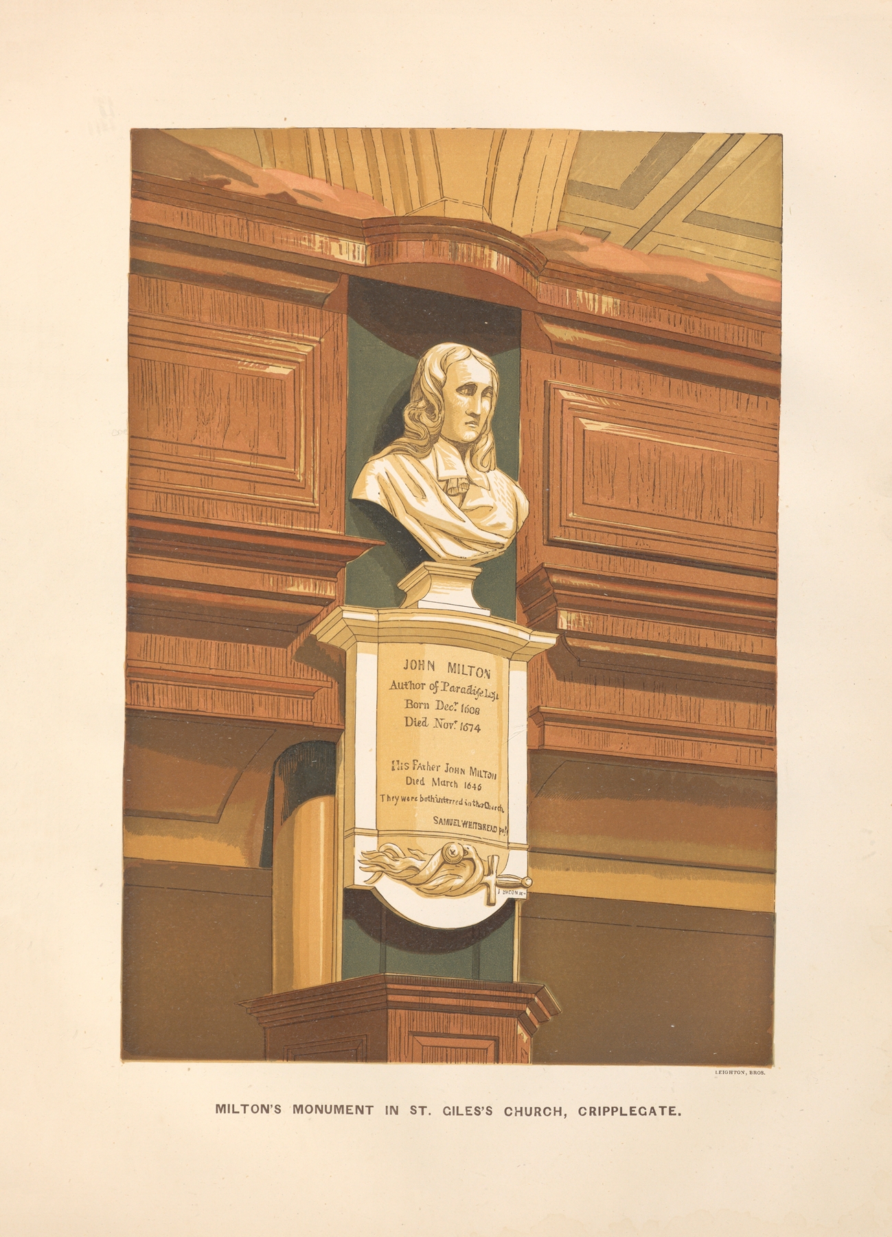 Milton’s Monument in St. Giles’ Church, Cripplegate, by Charles Knight, public domain