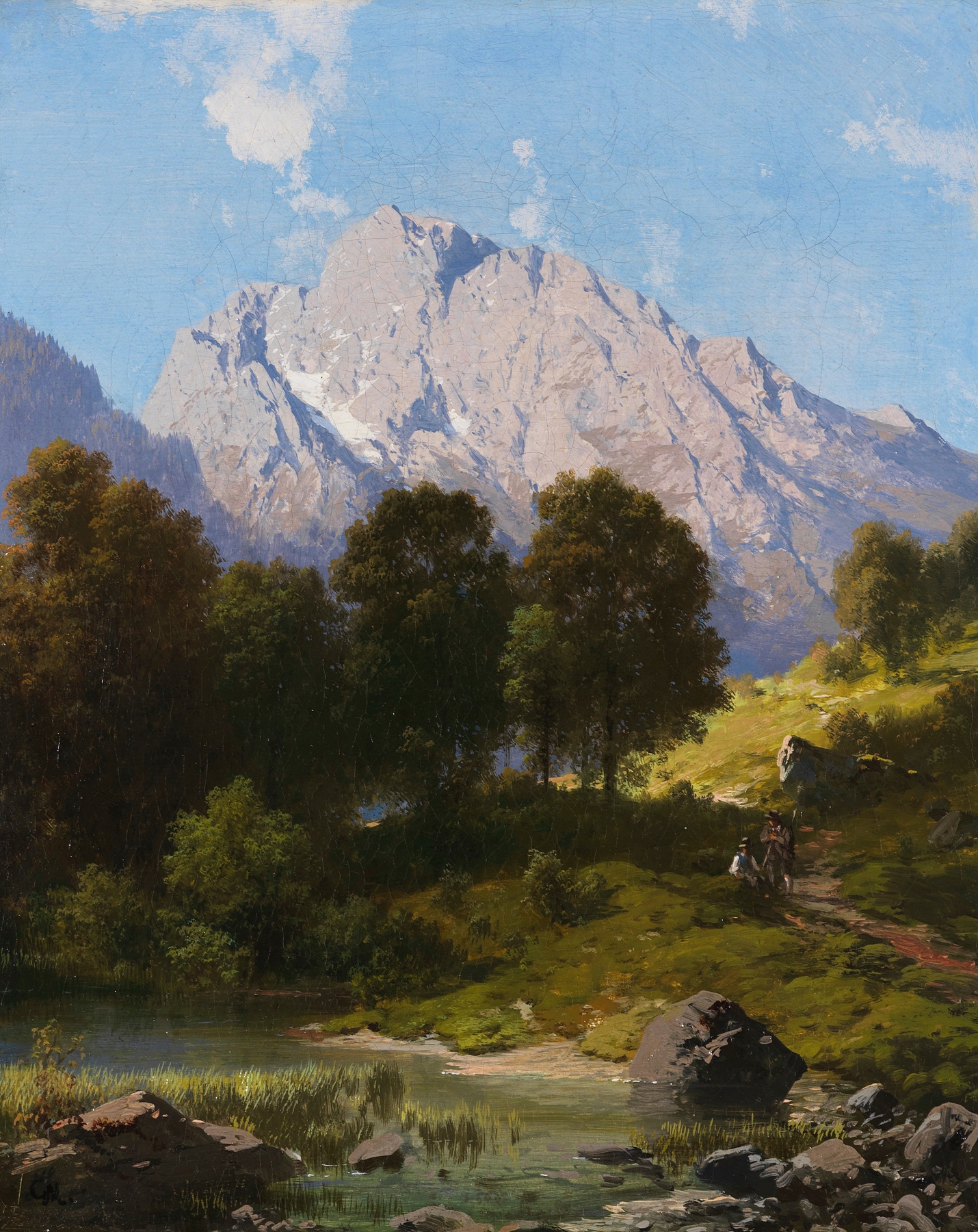 Sommerliche Gebirgslandschaft by Carl Millner, oil painting depicting a tranquil mountain landscape.