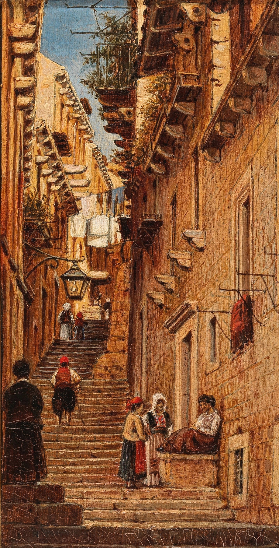 Landscape of narrow streets and buildings in 'Strasse in Ragusa' by Anton Perko, oil painting