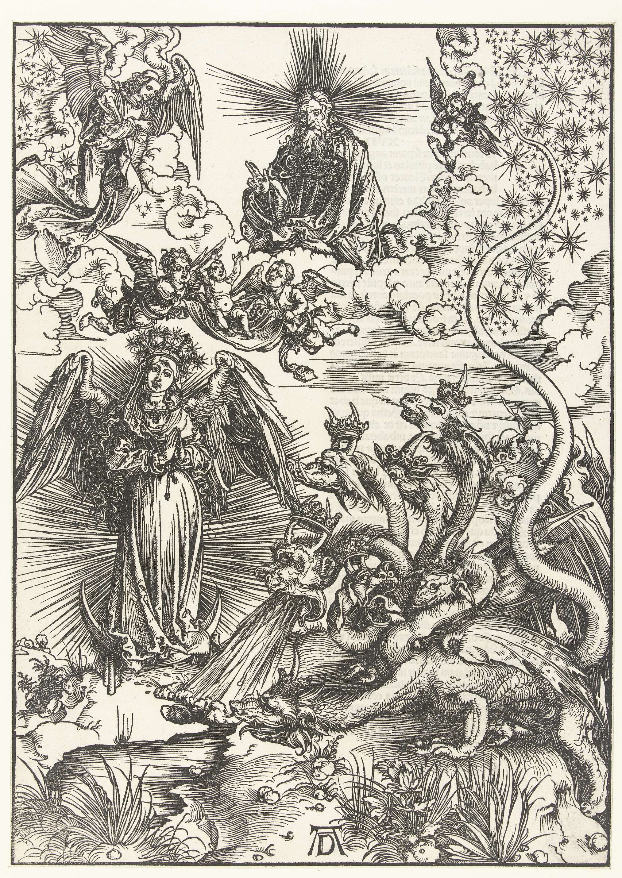 De apocalyptische vrouw en de zevenkoppige draak, by Albrecht Dürer, public domain