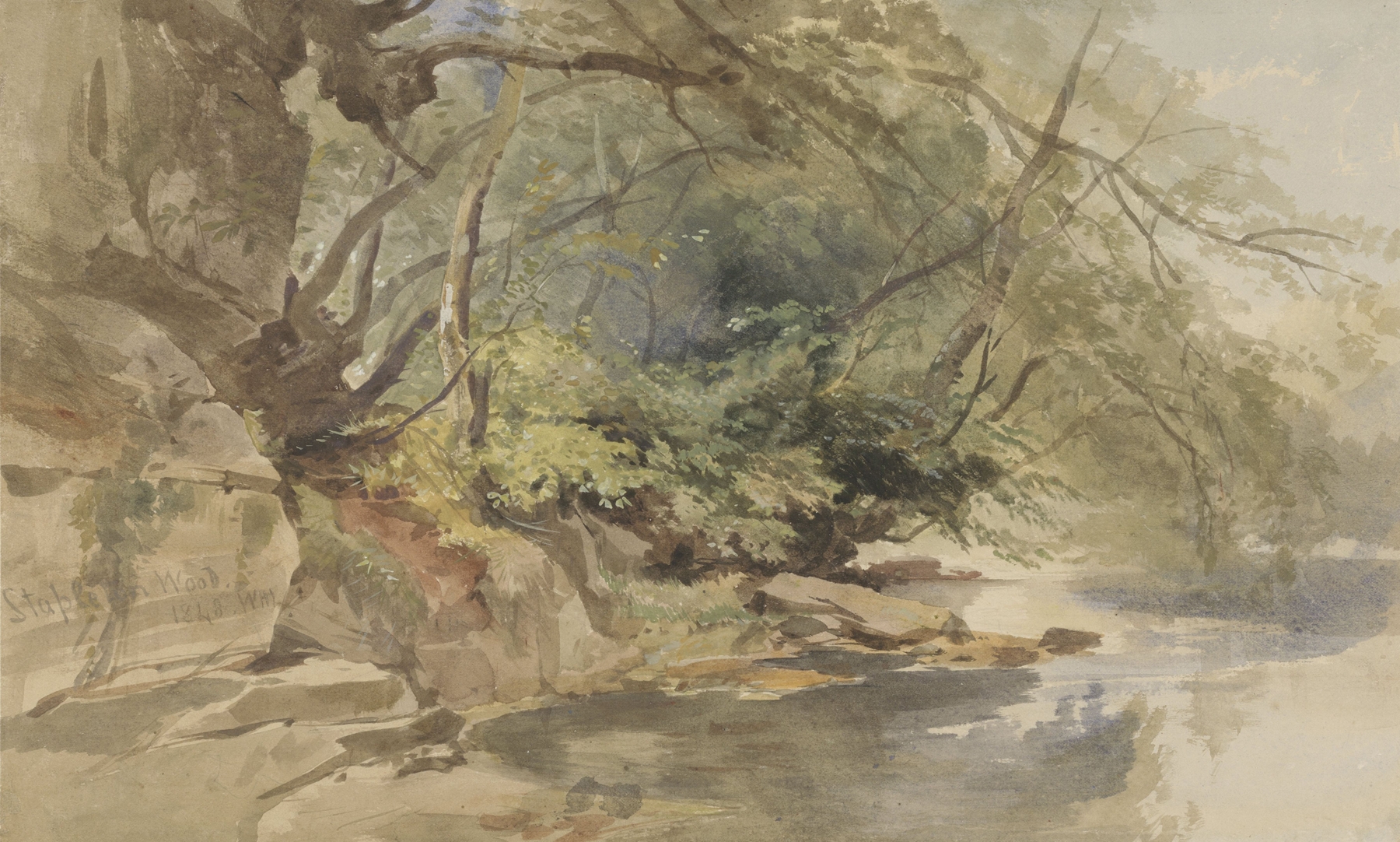 Landscape featuring a forest path illuminated by golden light, oil painting by William James Müller