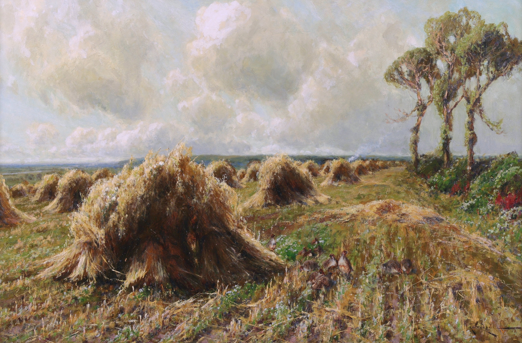 Partridges by the Haystacks in an Expansive Harvest Landscape, oil painting by Arthur William Redgate