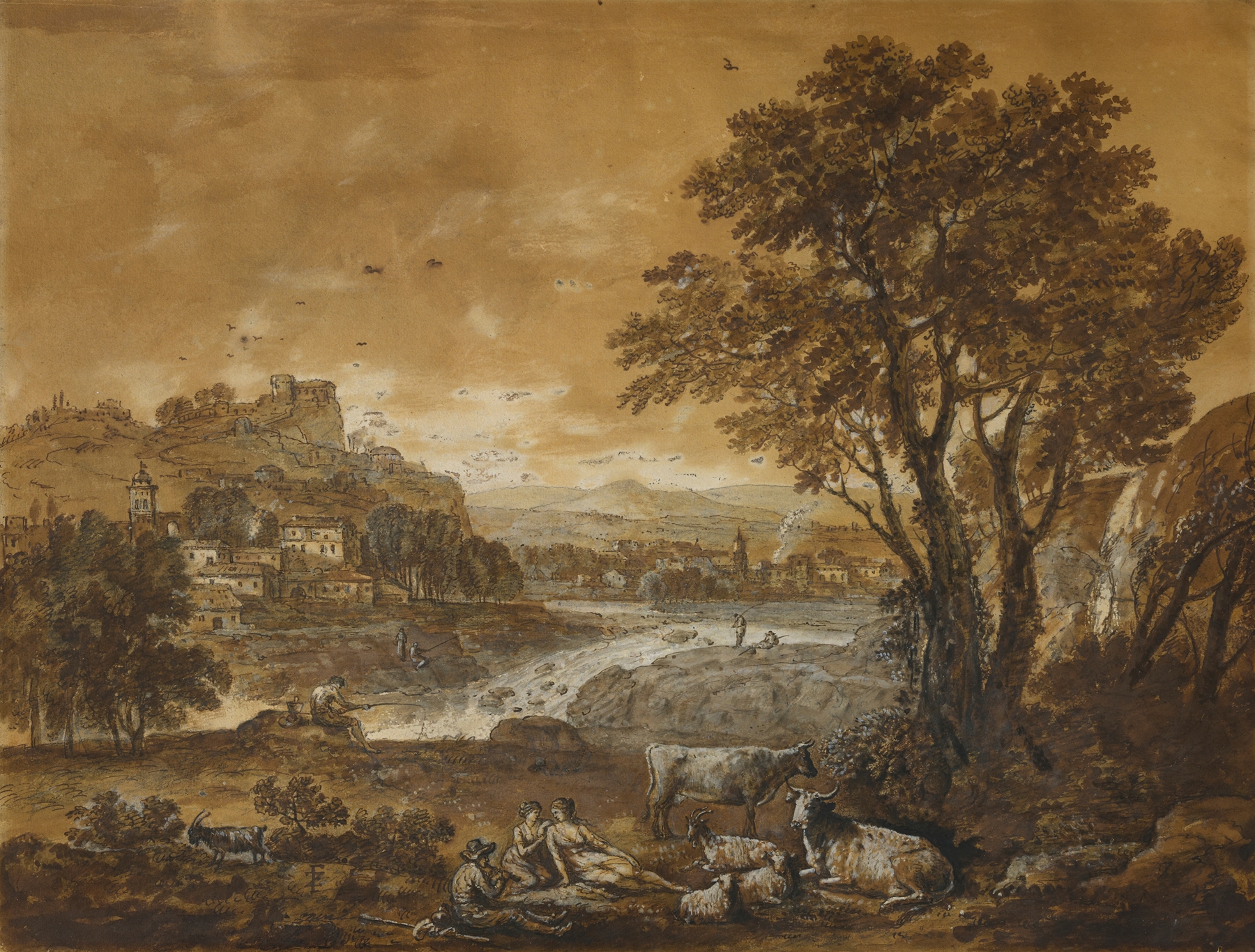 A landscape with shepherds resting under a tree by a cascade, oil on canvas by Francesco Zuccarelli.