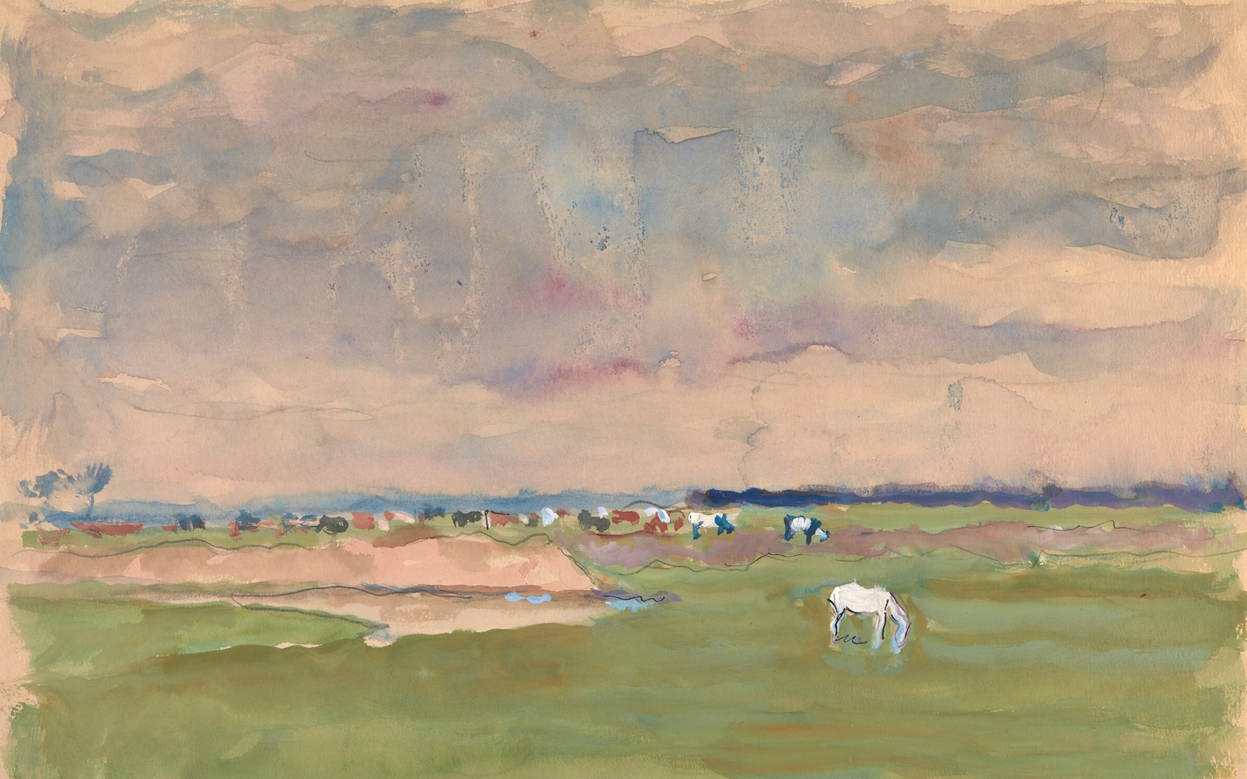 Realism landscape featuring a horse and cows in a pasture by Ivan Ivanec