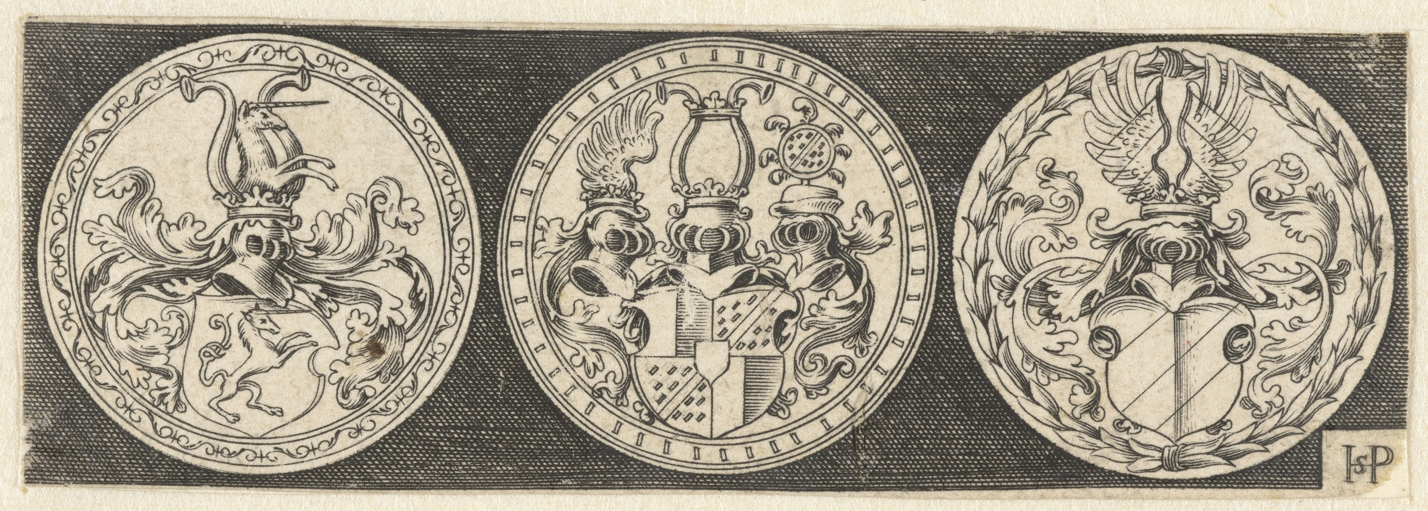 Engraving by Unknown Artist featuring shield designs with emblems