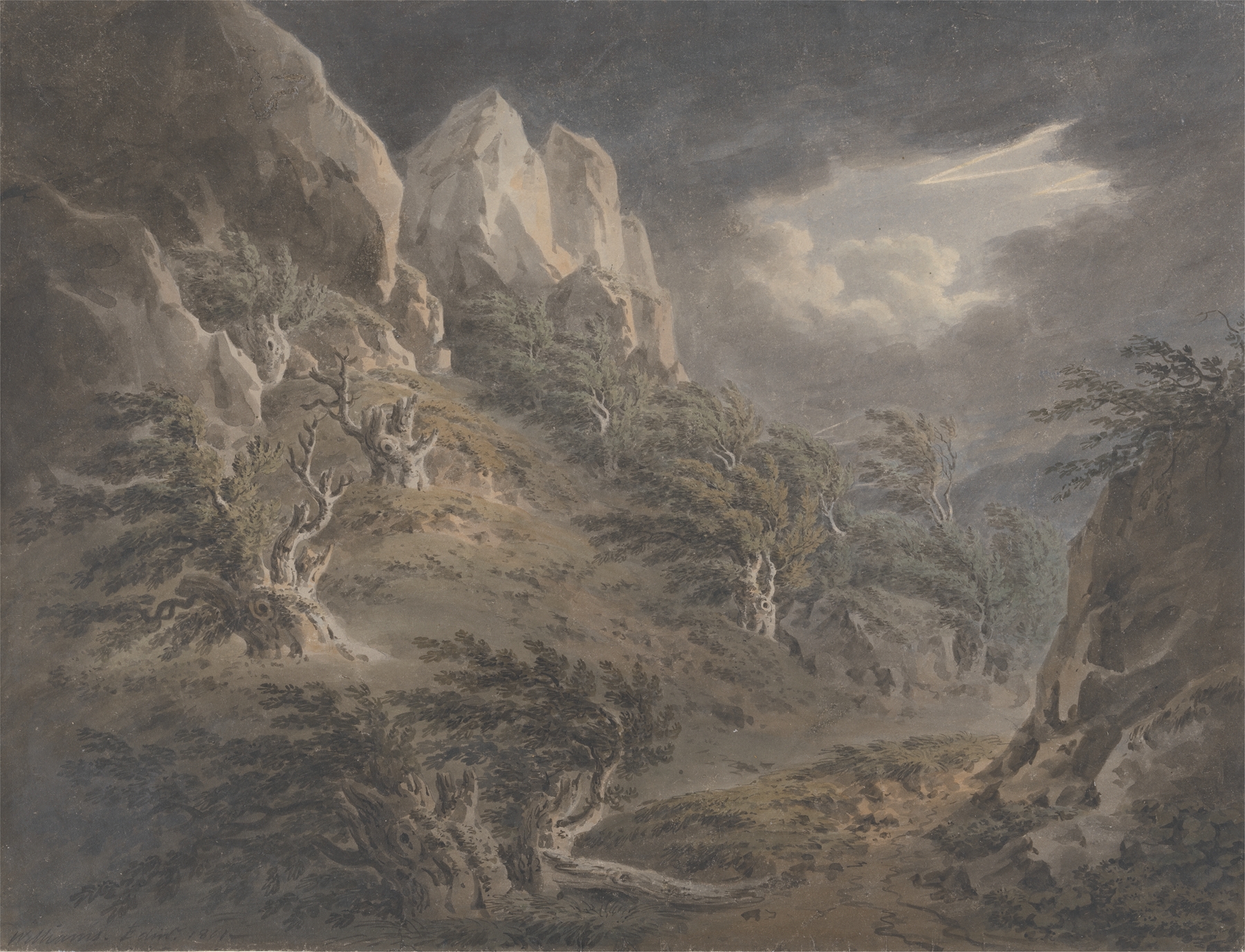 Landscape of Birnam Wood by Hugh William Williams, oil painting featuring trees and a soft sky.