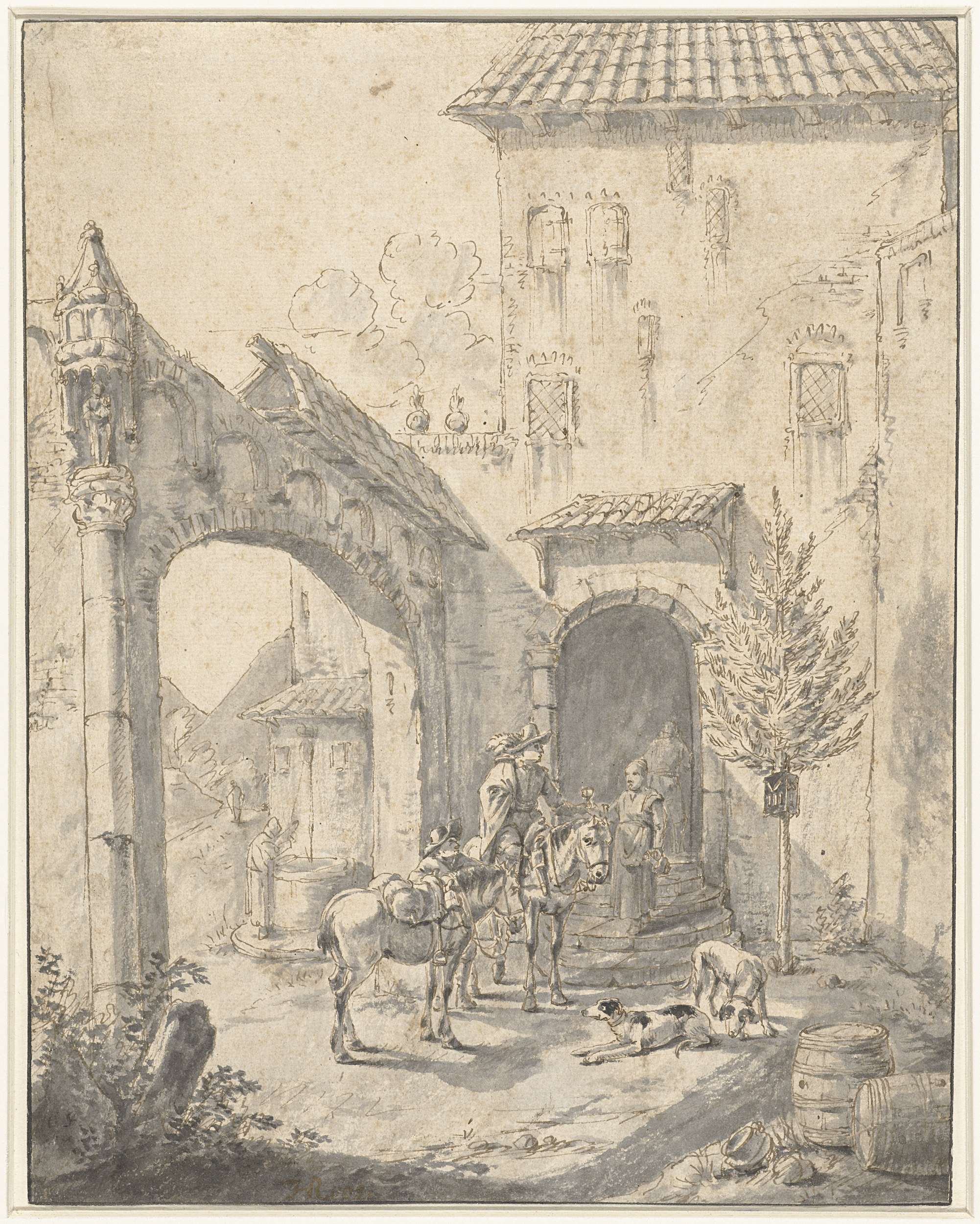 Two horsemen in a tavern scene, oil on canvas by Johann Heinrich Roos