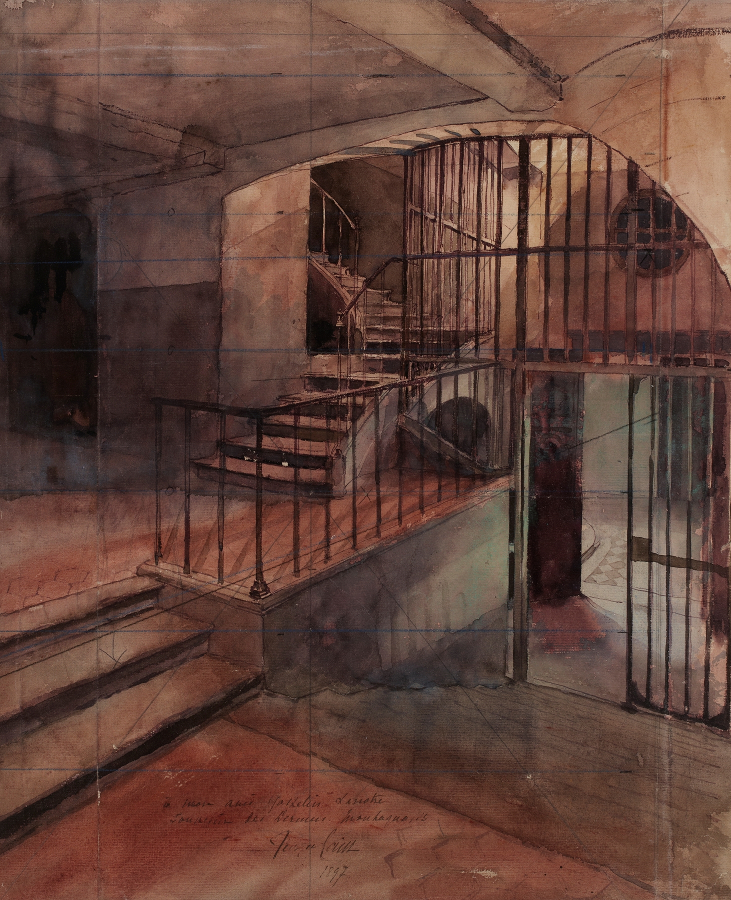 Escalier de prison by Georges Cain, oil on canvas depicting a staircase with shadows and muted light
