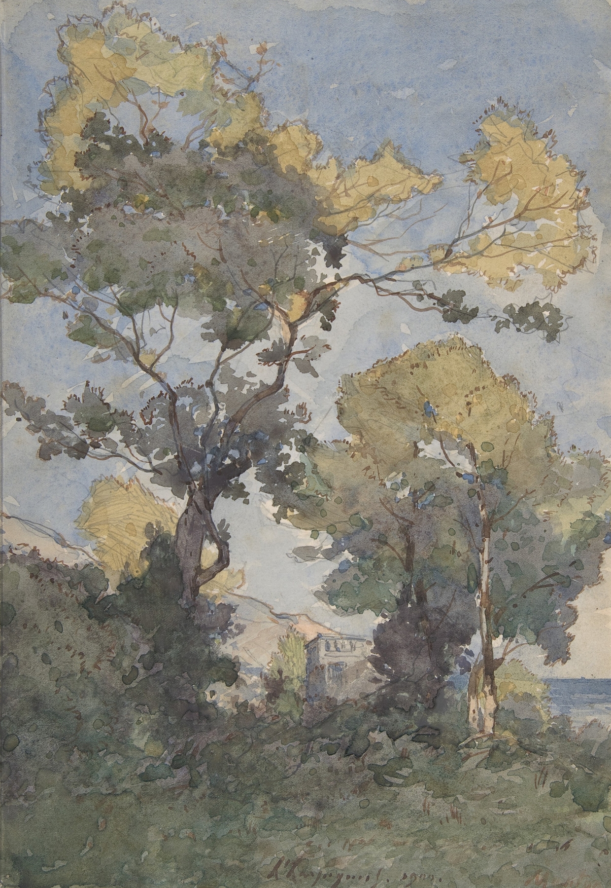 Landscape by Henri-Joseph Harpignies, impressionism, depicting hills and a pastel sky.
