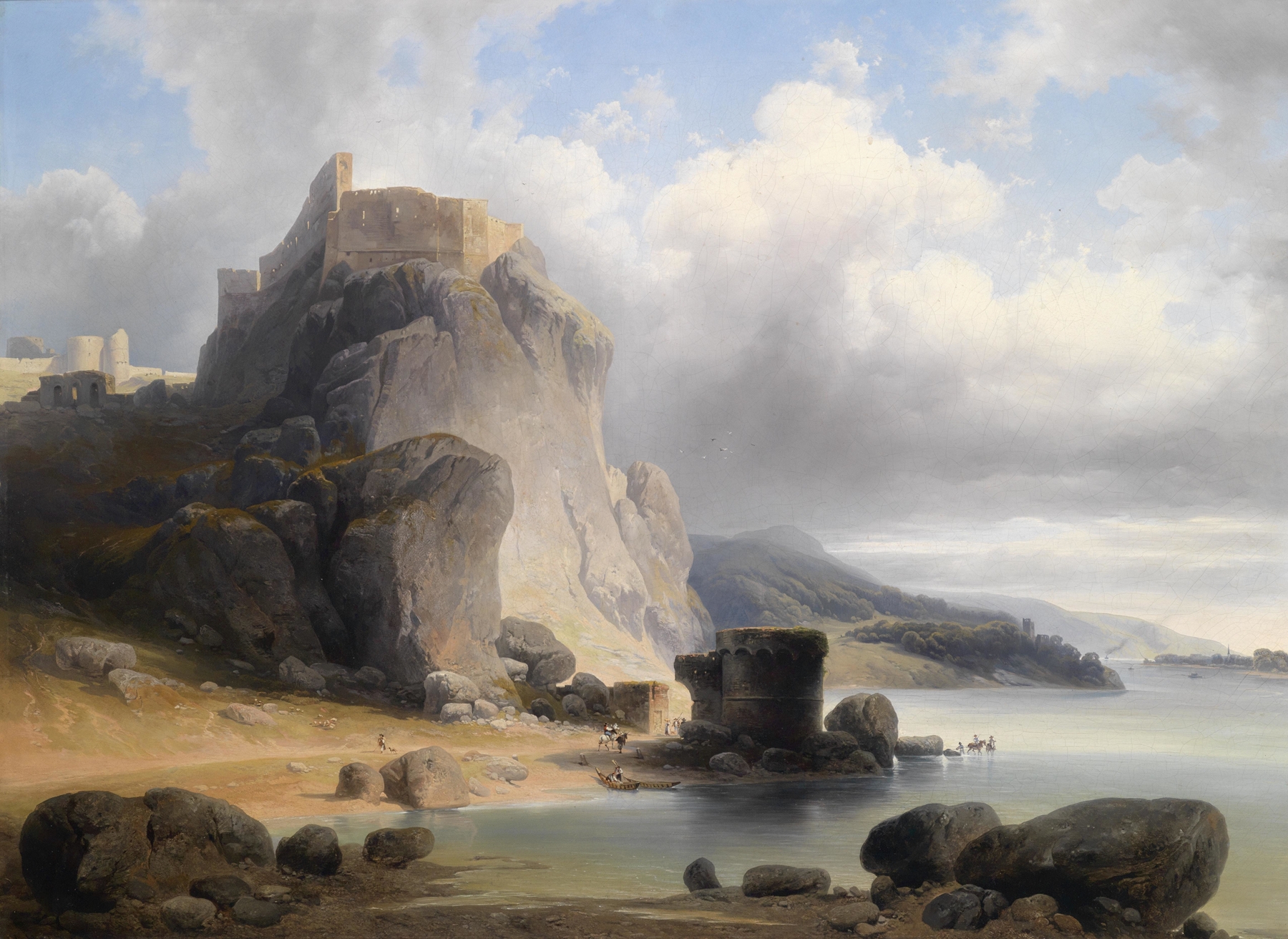 Blick auf die Burgruine Devin, oil painting by Joseph Holzer, depicting ruins and hills.