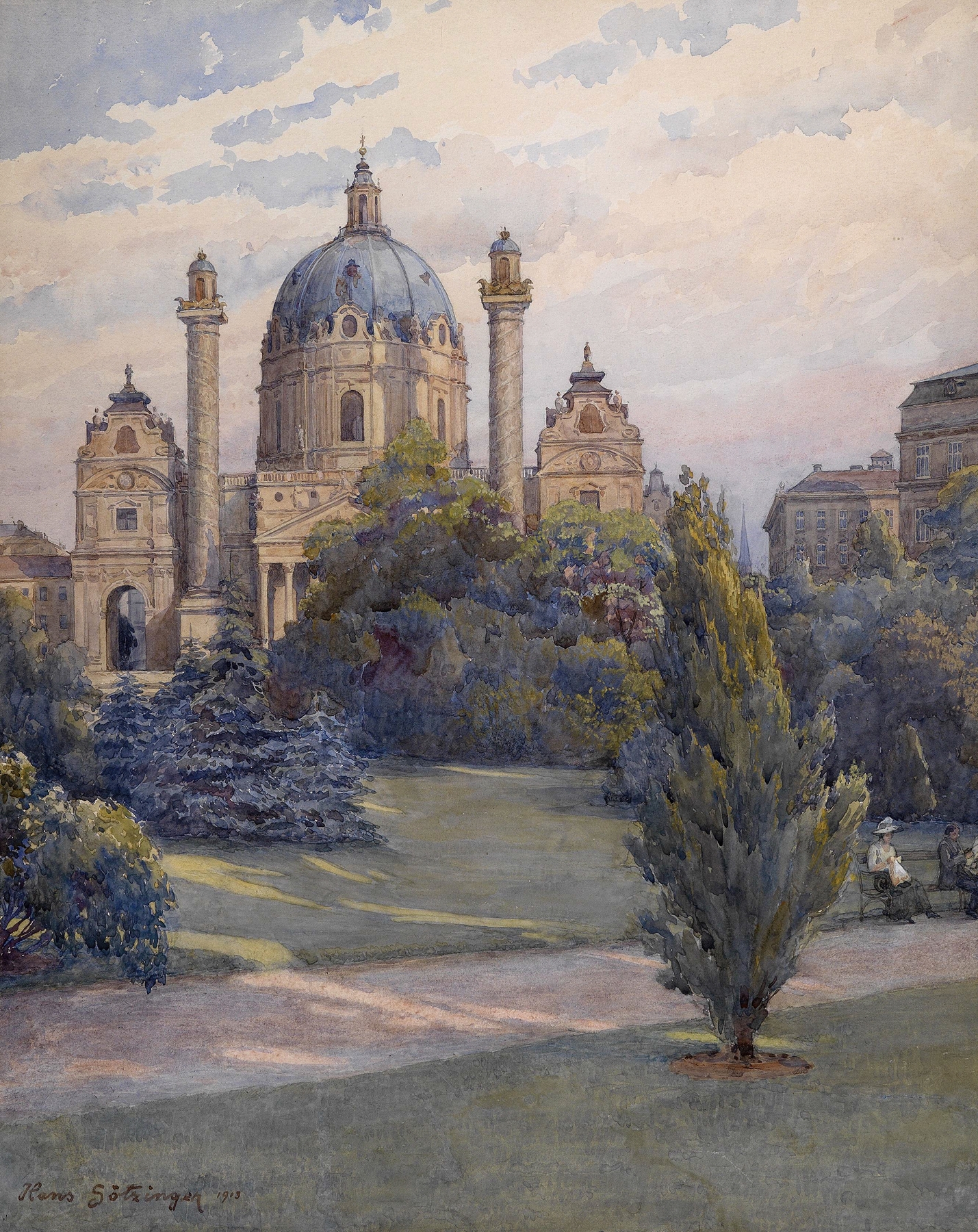 Oil on canvas by Hans Götzinger depicting Karlsplatz and Karlskirche with reflections in water.