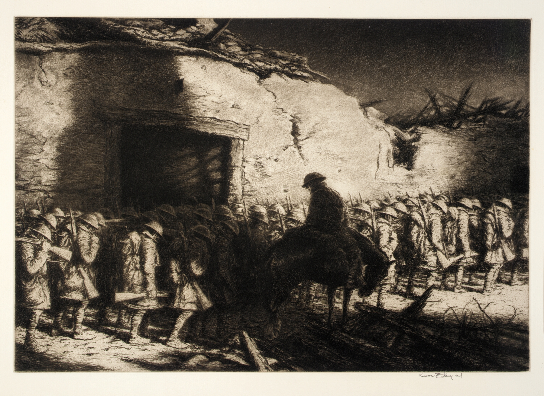 Engraving by Kerr Eby depicting figures in shadows with strong contrasts.