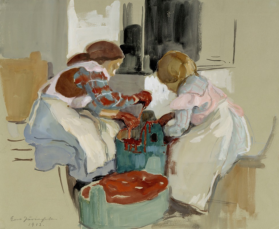 Eero Järnefelt's 'Two Girls Dyeing Fabric' captures a moment of textile dyeing.