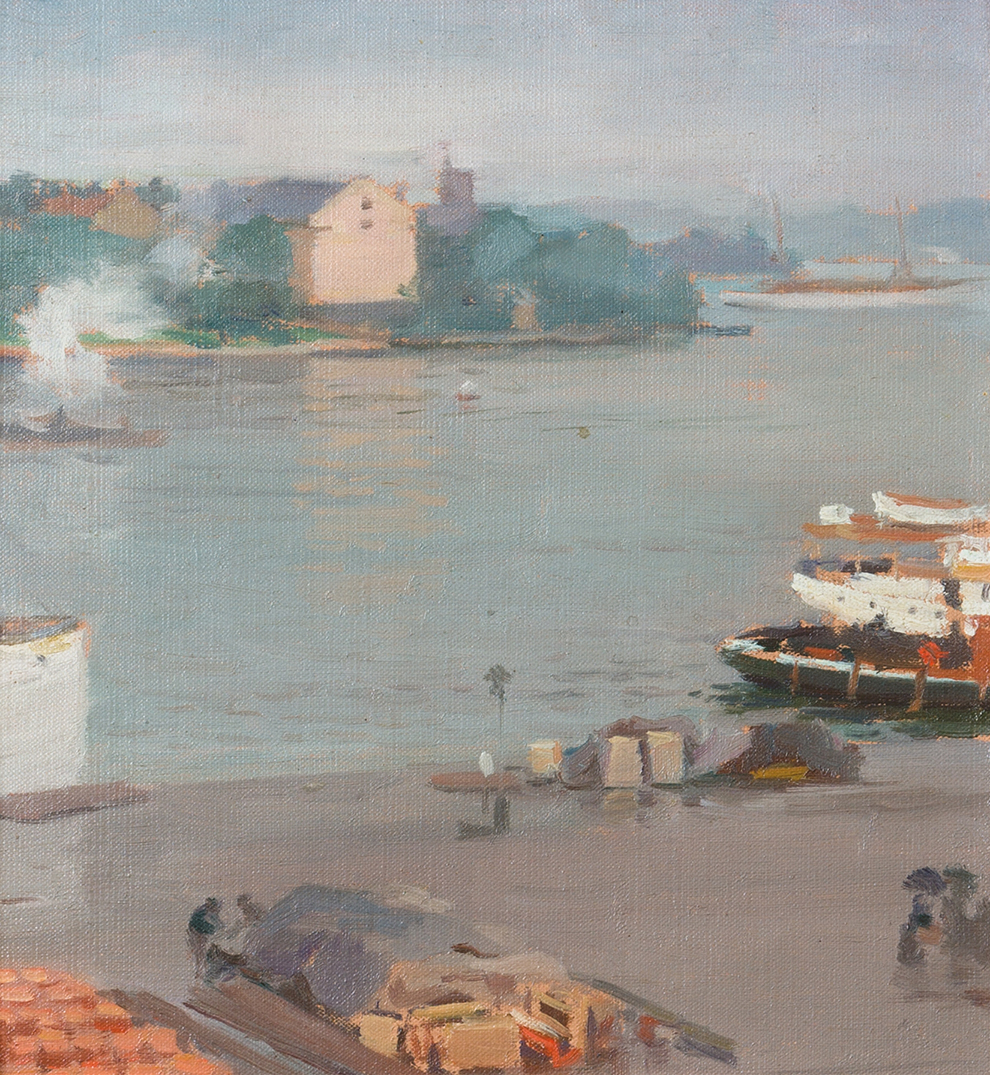 Marine scene with boats and sunlight, oil painting by William Blair Bruce
