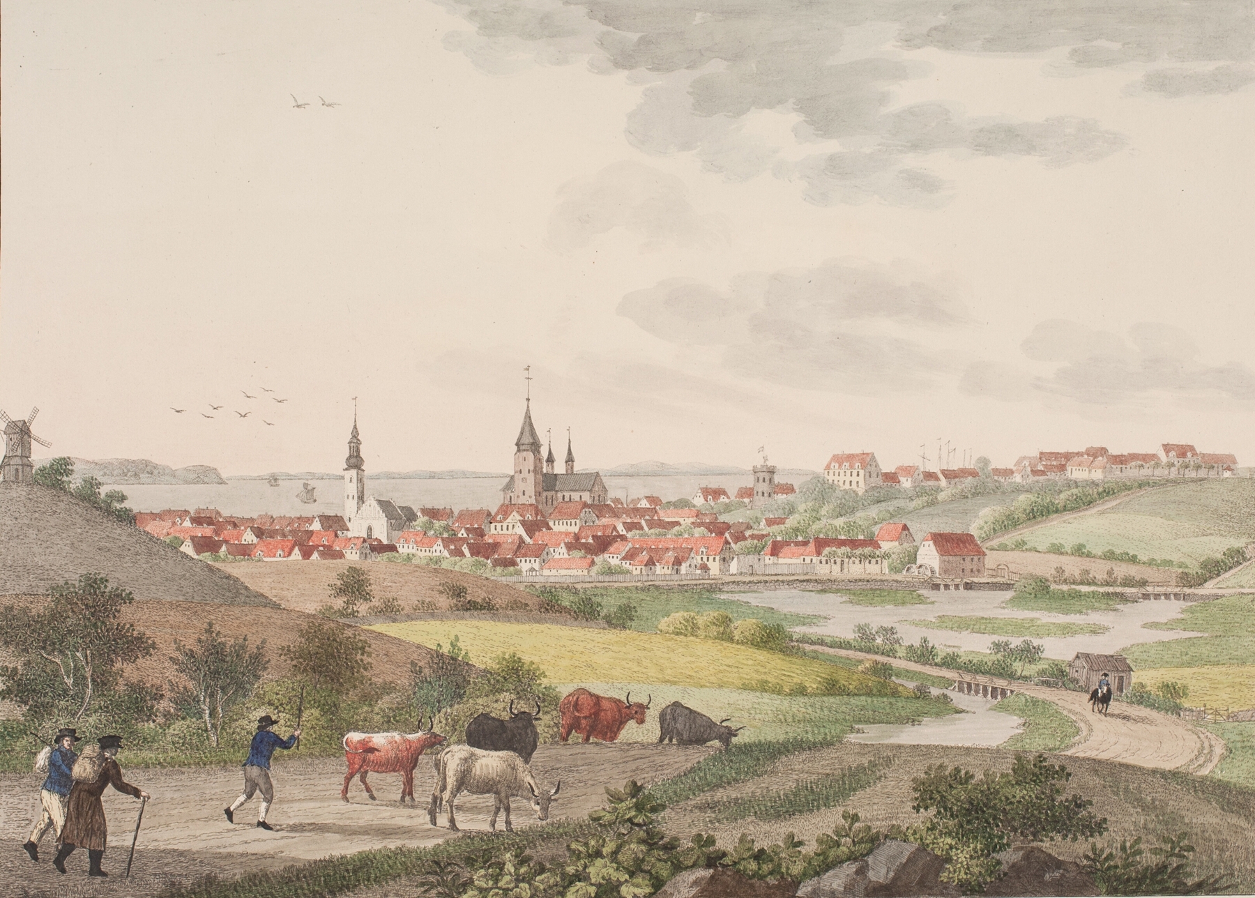 Aarhus by Søren L. Lange, oil painting depicting a twilight landscape with water reflections.