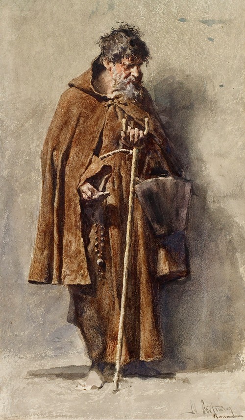 A depiction of a mendicant in a realistic style by Mariano Fortuny Marsal.