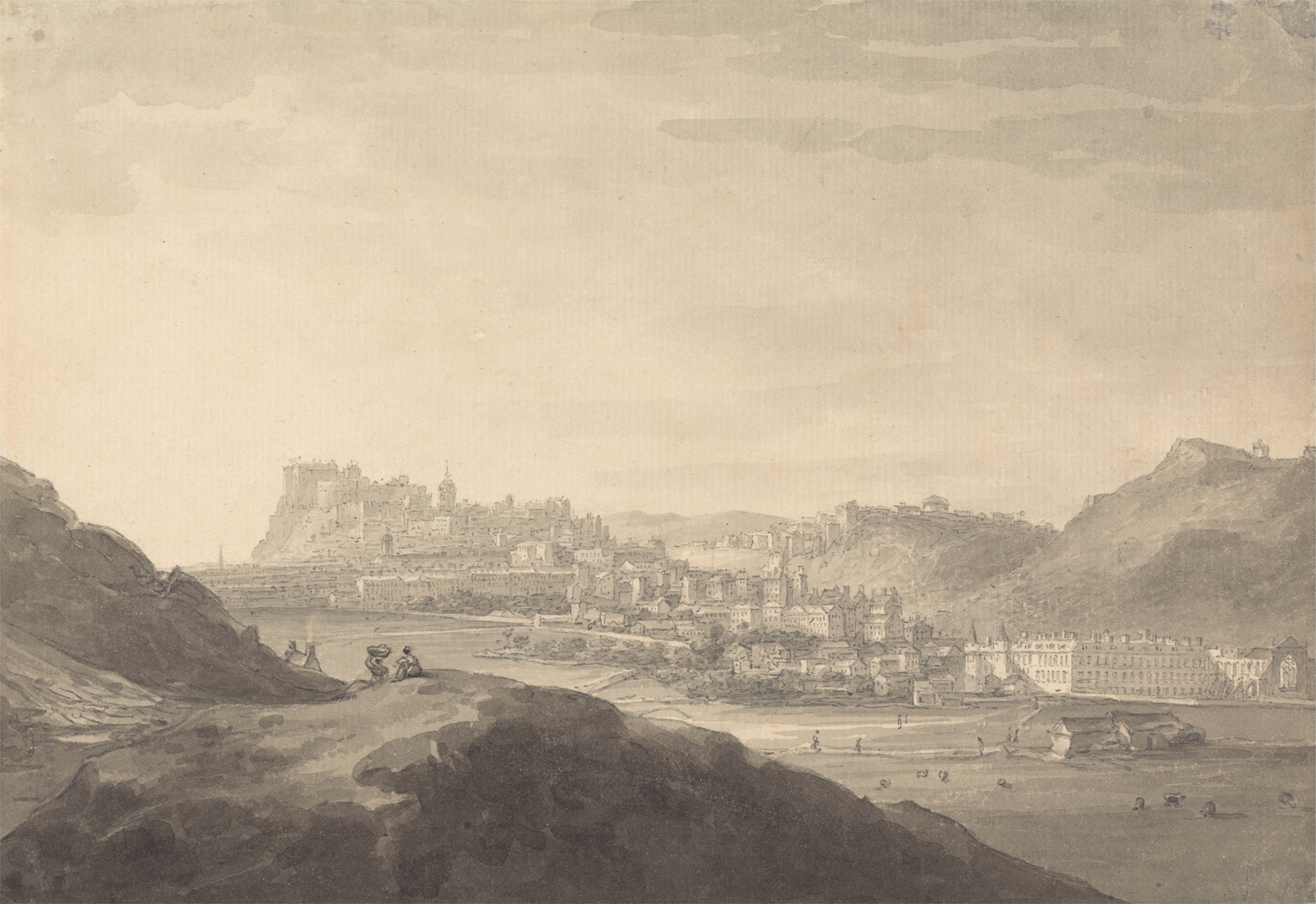 Landscape of Edinburgh by Thomas Hearne, 1778, depicting hills and city in oil painting.