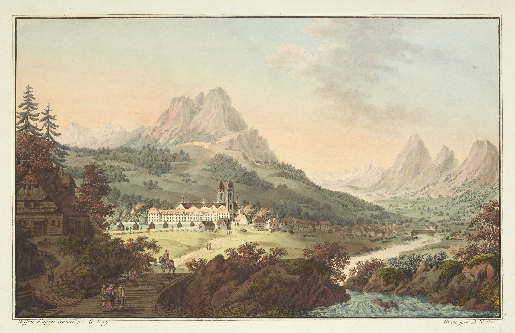 Landscape featuring the abbey of Einsiedlen by Gabriel Lory the older, medium unknown.