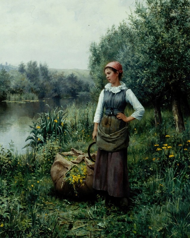 A young girl sits by a stream in a serene landscape.