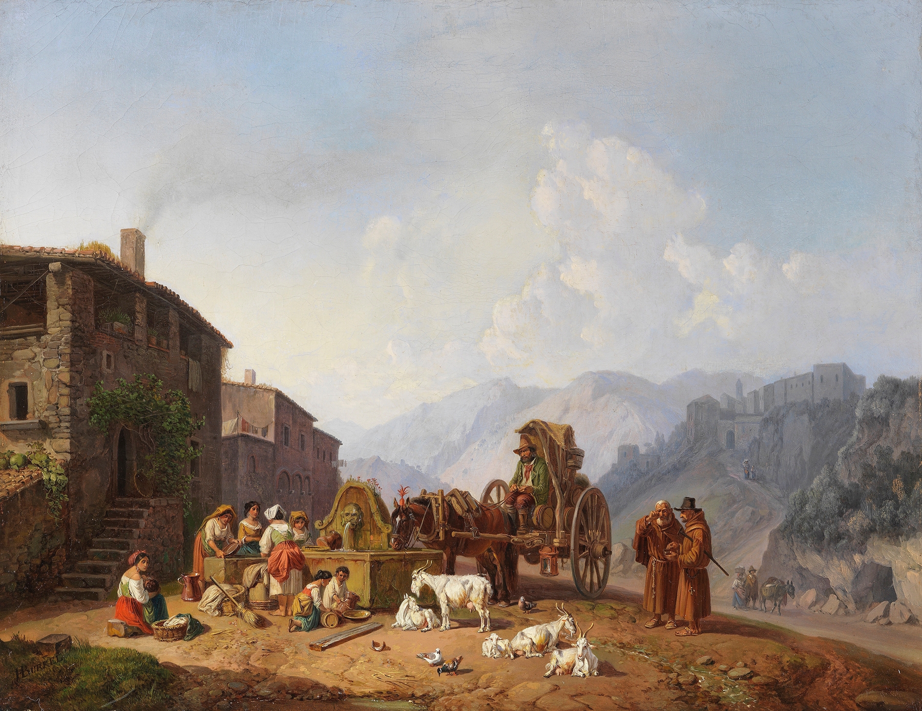 Oil painting by Heinrich Bürkel depicting a serene village scene with a fountain.
