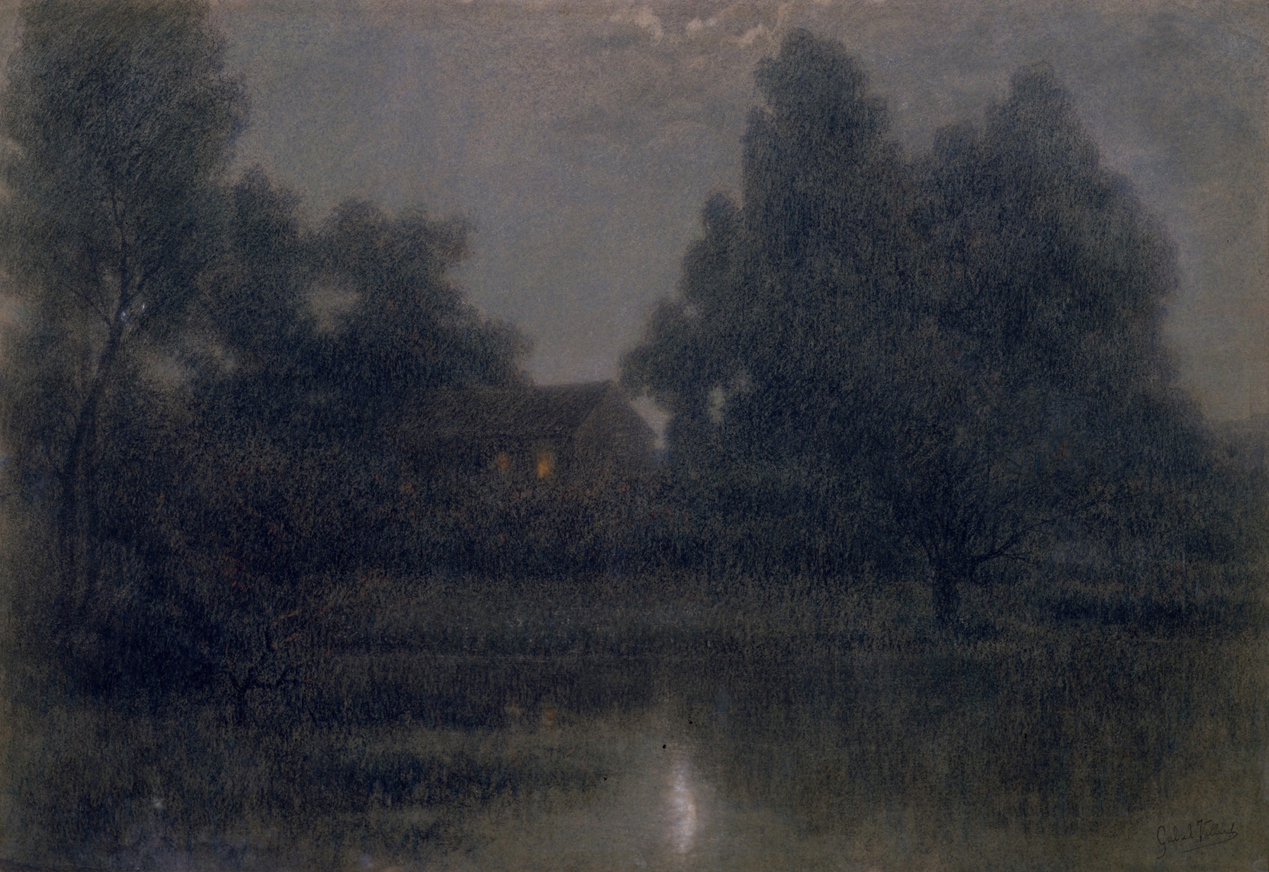 Moonlight Scene with House, Lake and Trees, by Gabriel Villard, public domain