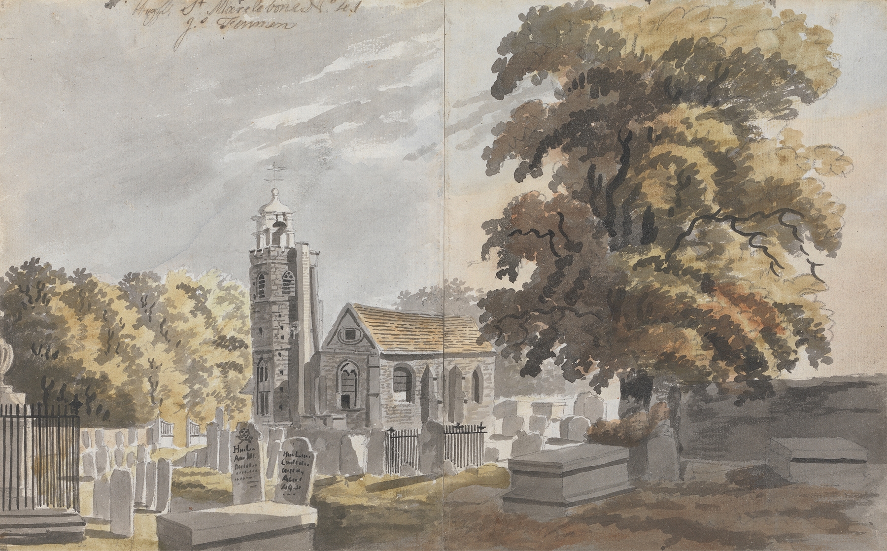 Church at Marlylebone by James Miller, oil painting depicting a church against a blue sky.
