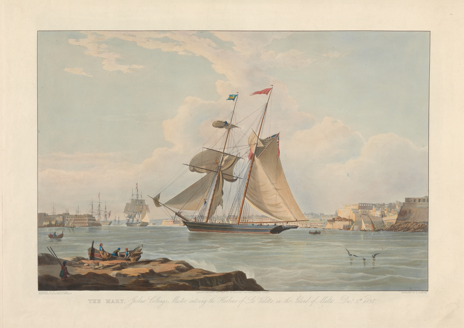 Oil painting by Edward Duncan depicting a ship entering the harbour of La Valletta, Malta.