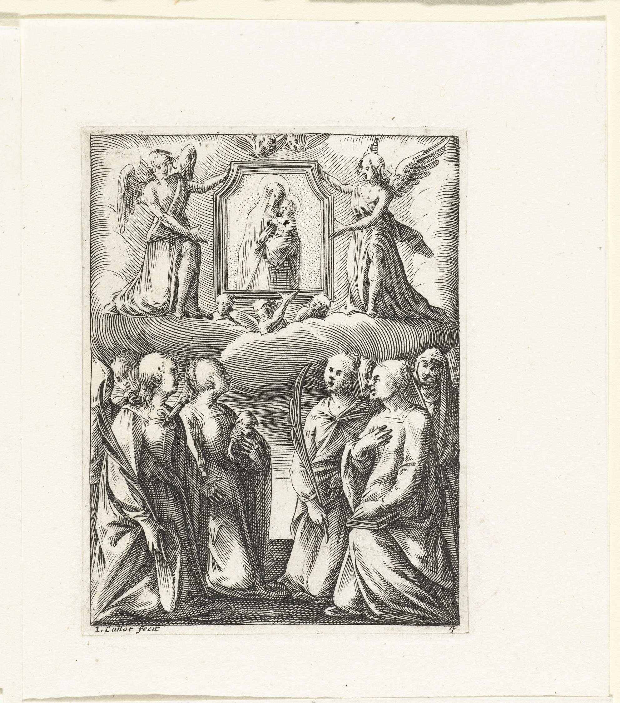 Engraving by Jacques Callot depicting Virgin Mary and female saints in a religious scene