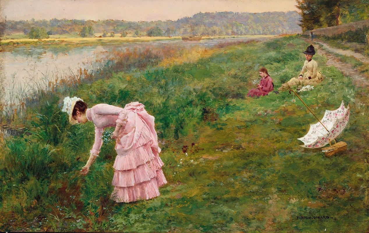 A serene depiction of a woman picking wildflowers in a lush landscape.