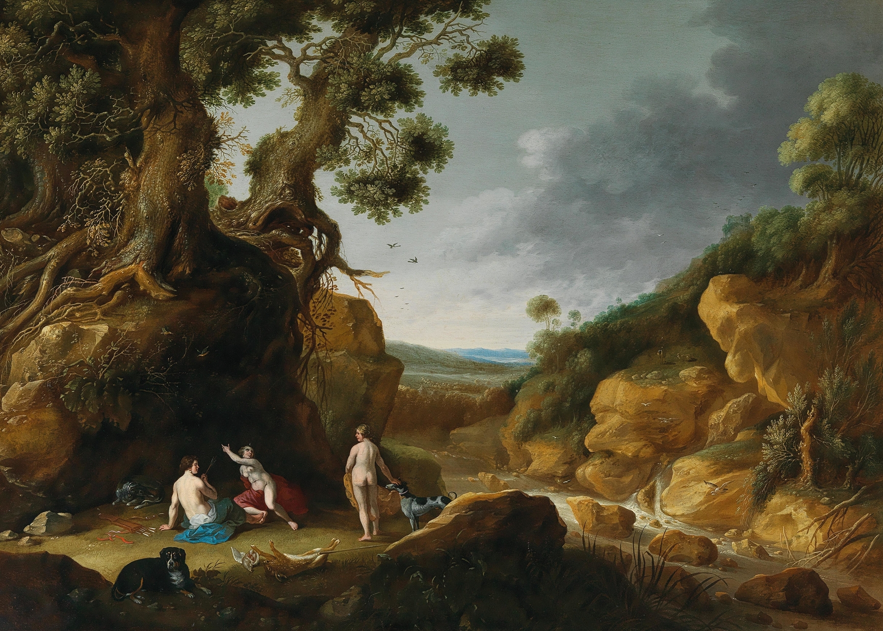Diana and her nymphs in a rocky wooded river landscape, oil painting by Gillis Claesz. de Hondecoeter