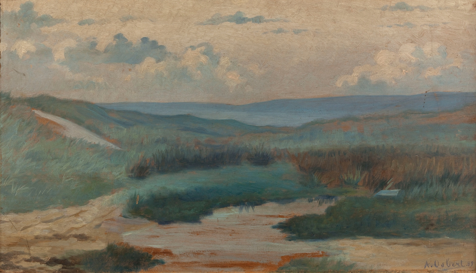 Landscape with a tranquil pool at twilight, oil painting by Alphonse Osbert