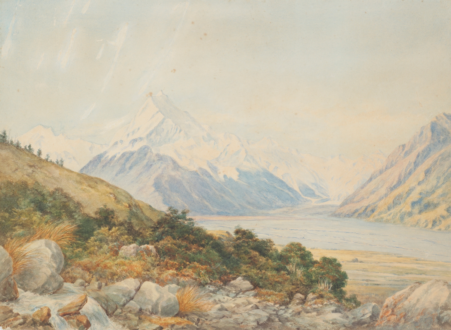 Mt. Cook from Tasman Valley by Charles Decimus Barraud, oil painting of a mountain landscape.