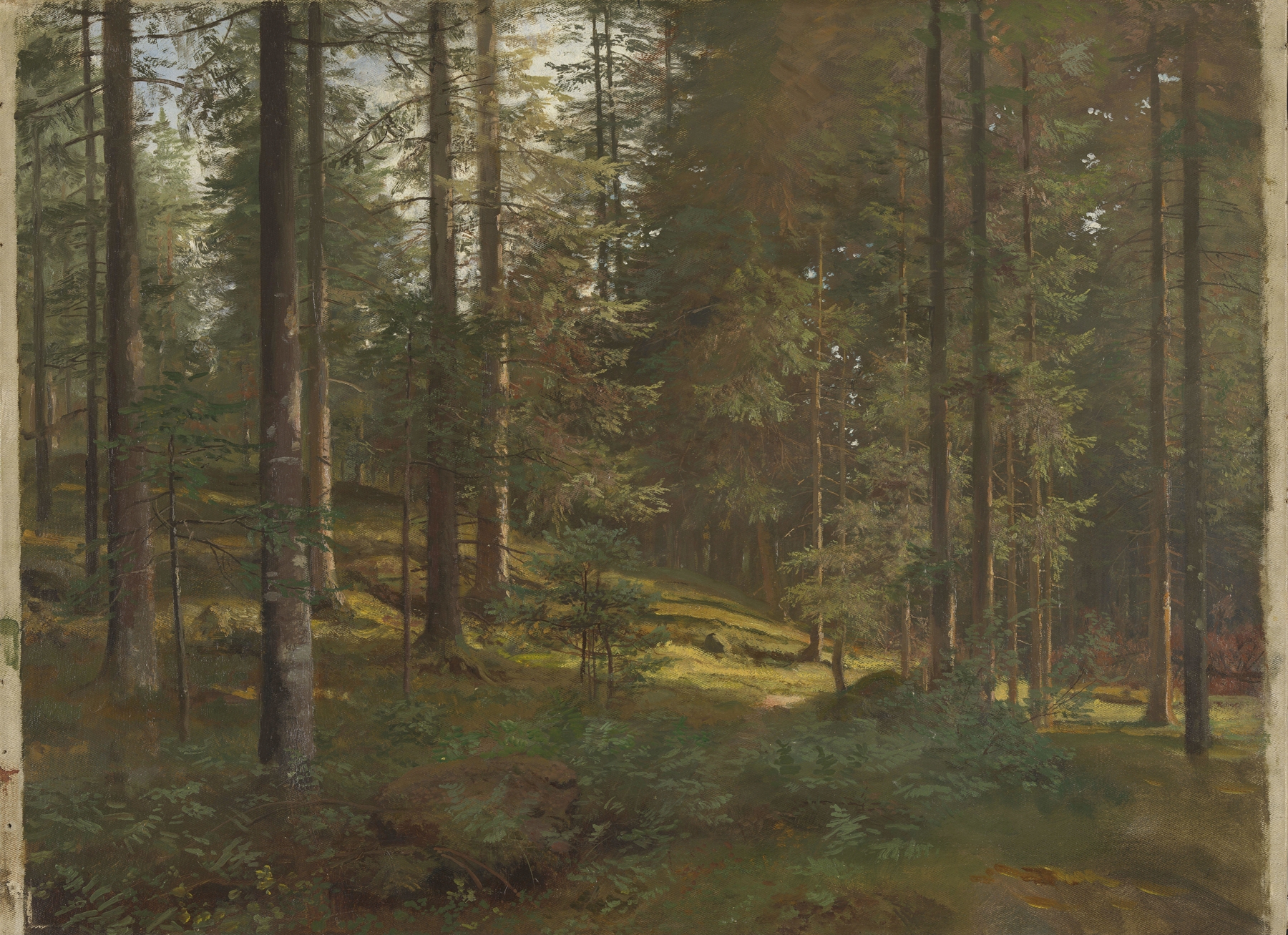 Wooded landscape by Hans Gude, oil on canvas depicting a serene forest with light filtering through trees.