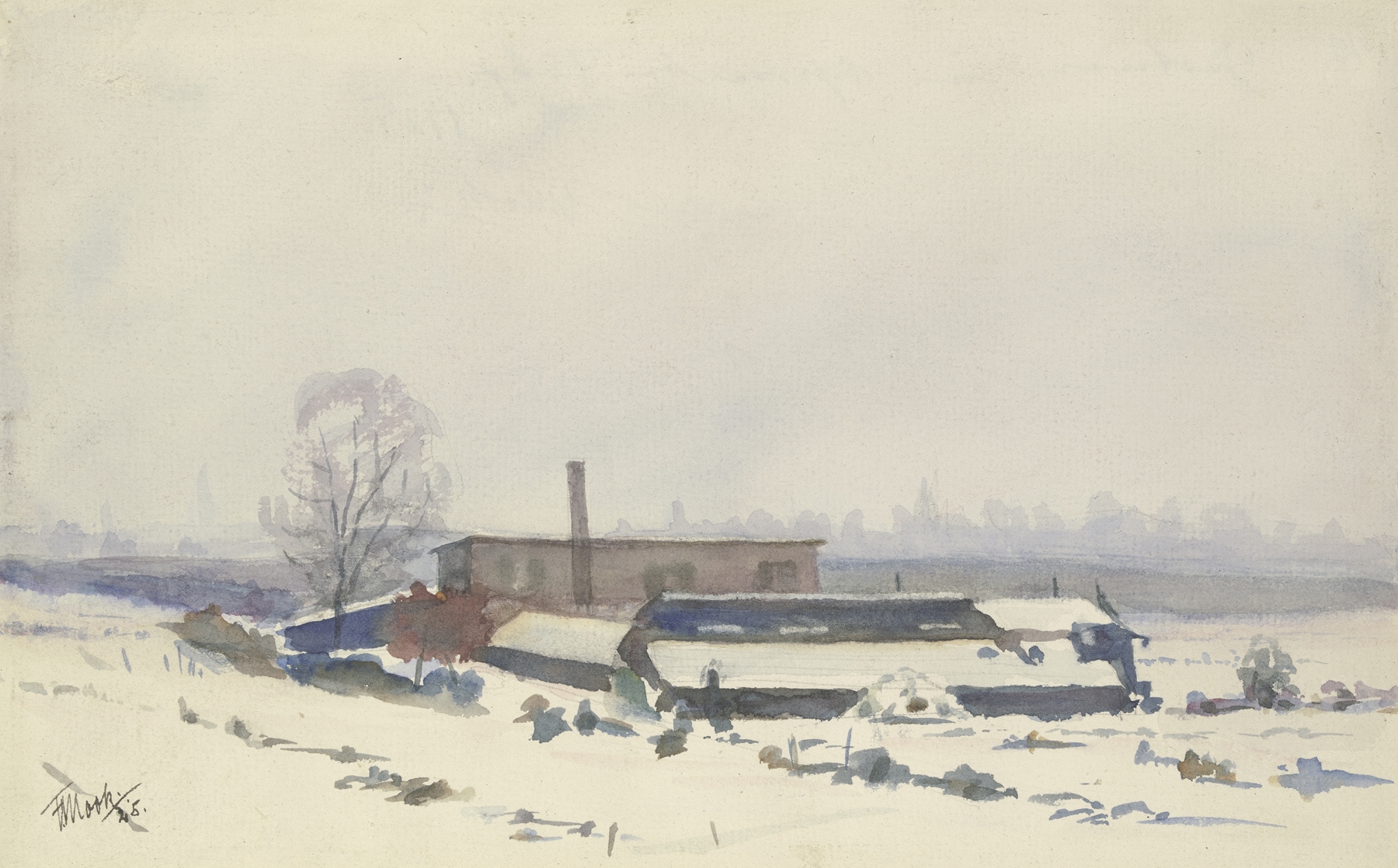 Landscape of Gärtnerei im Schnee am Dornbusch by Friedrich Mook, oil painting depicting a snowy garden.