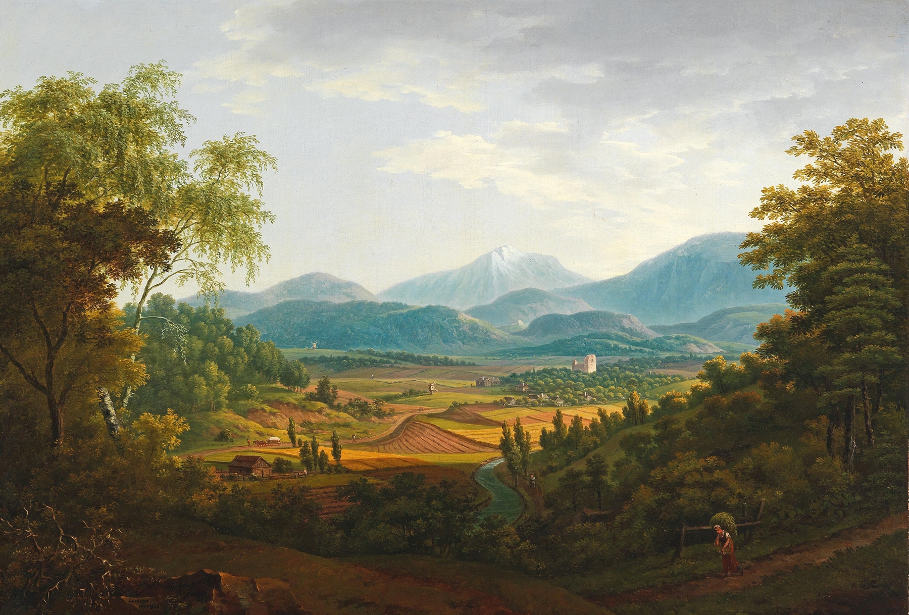 Landscape oil painting by Franz Scheyerer depicting rolling hills and soft light.