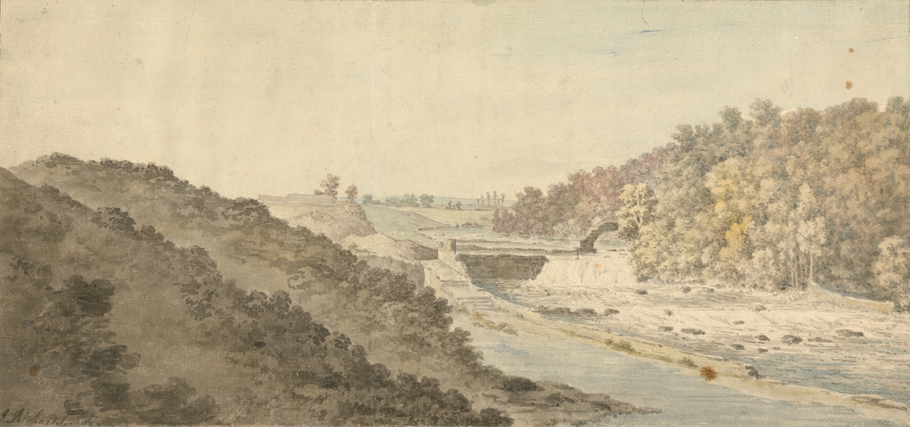 The Salmon Leap at Leixlip, Ireland by John Inigo Richards, oil painting depicting a serene river landscape.