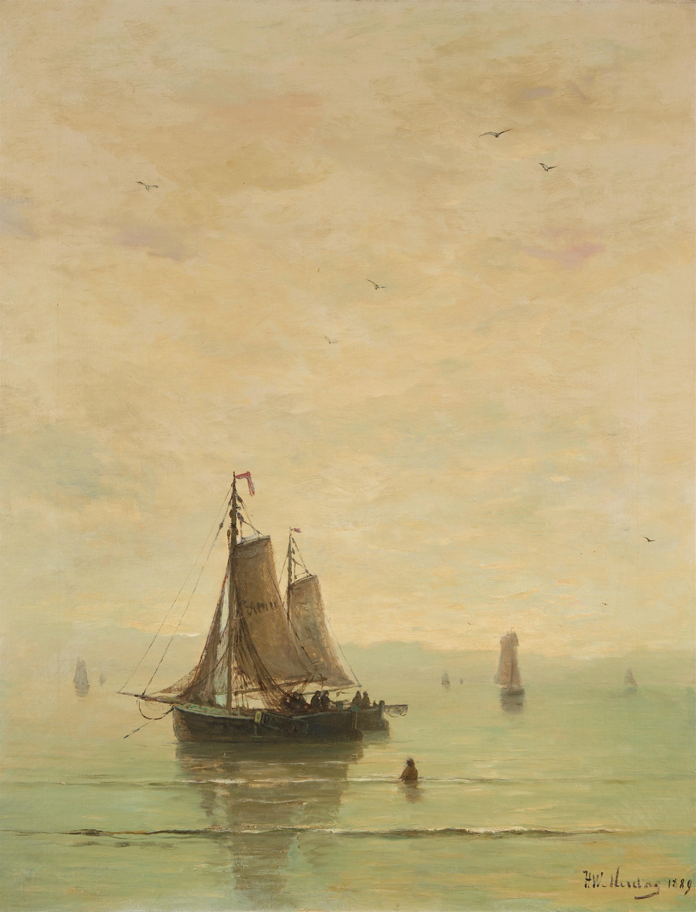 Two fishing boats at anchor on calm waters, oil on canvas by Hendrick Wilhelm Mesdag