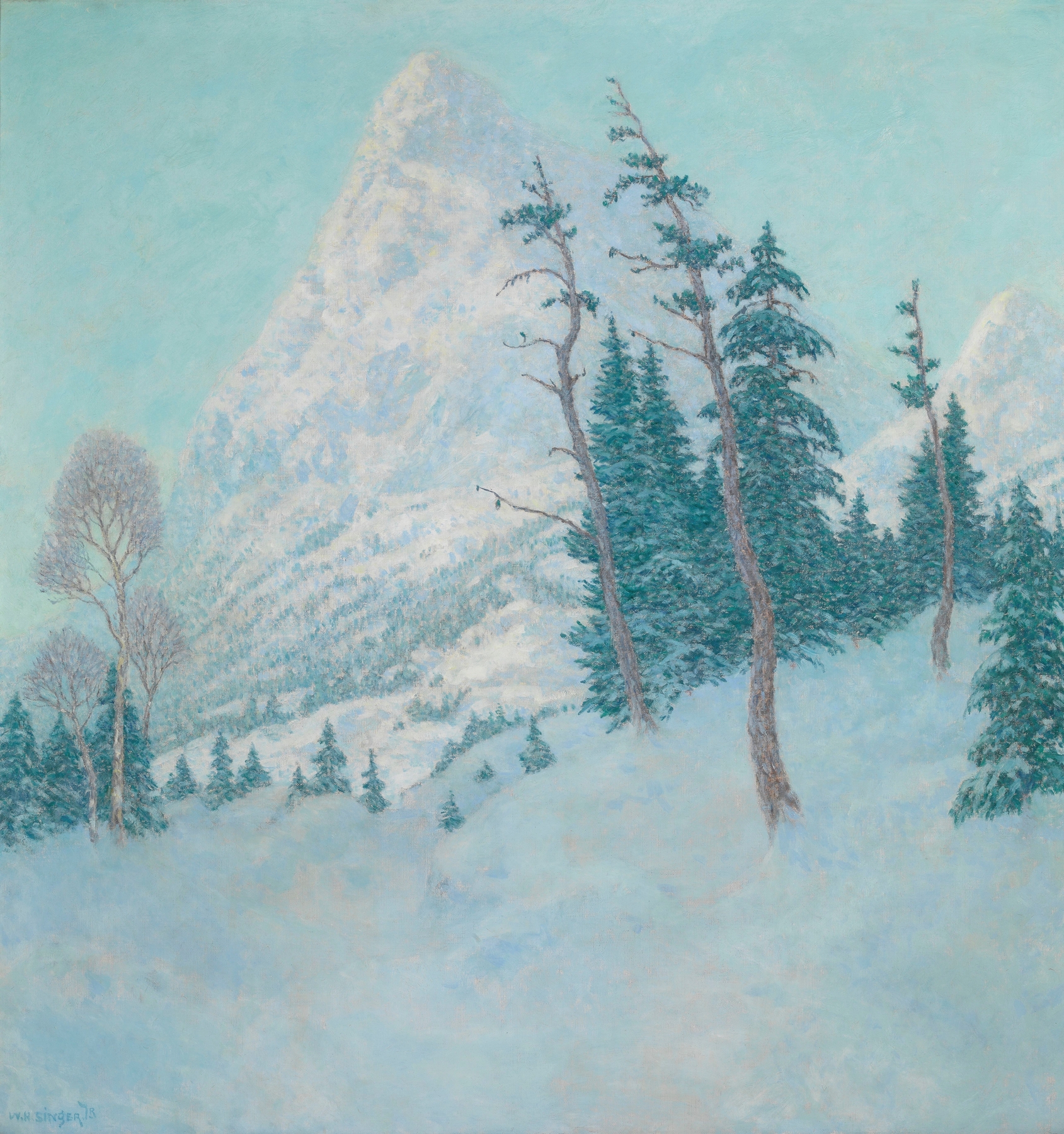 Landscape by William Henry Singer, oil on canvas depicting a serene horizon and dappled sunlight.