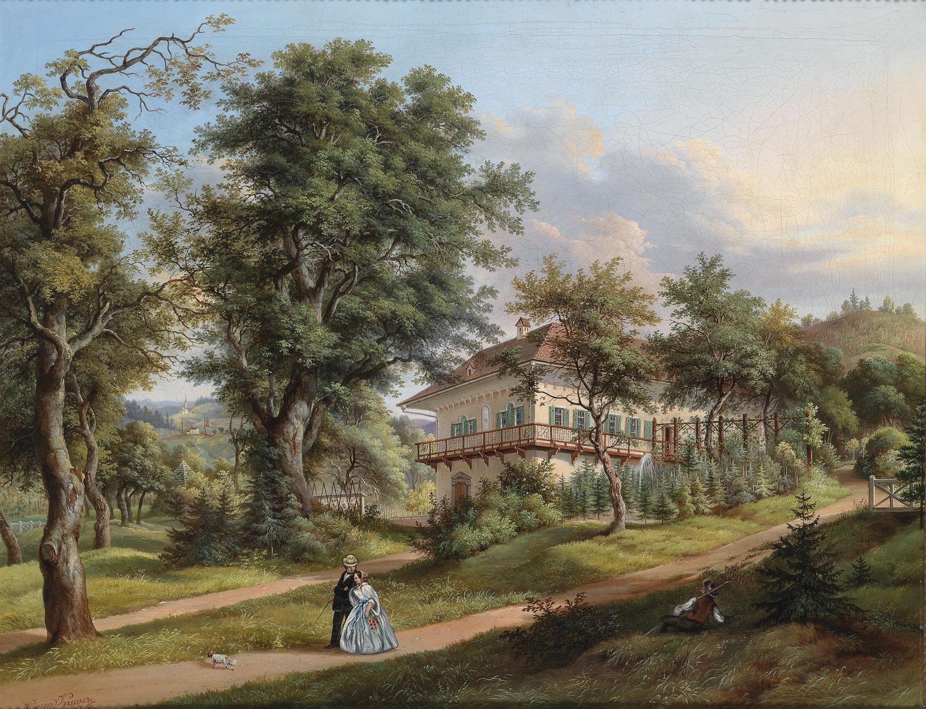 Parklandschaft mit Spaziergängern by Vinzenz Kreuzer, oil on canvas depicting a tranquil park with figures.