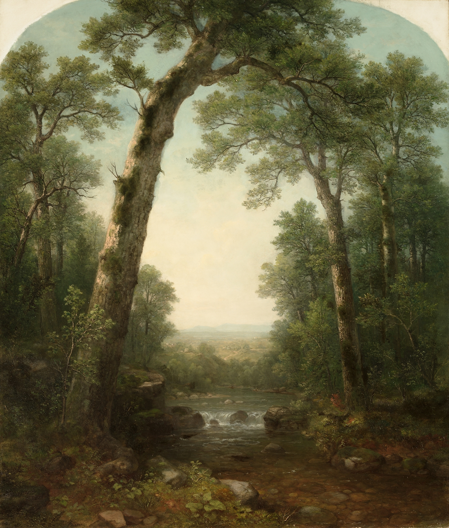 Forest Stream with Vista by Asher Brown Durand, oil on canvas depicting a serene landscape with a stream and trees.