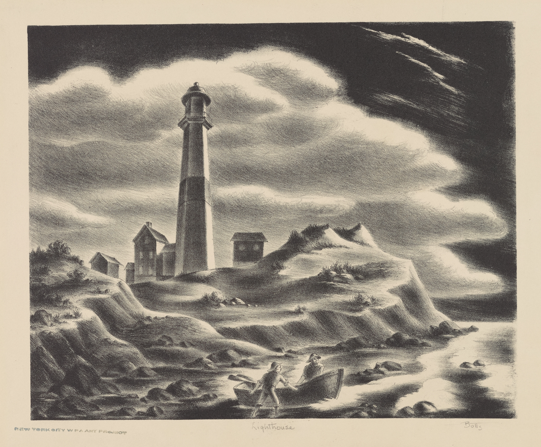 Lighthouse by Hugh Botts, modernism, depicting a lighthouse against a stormy sea